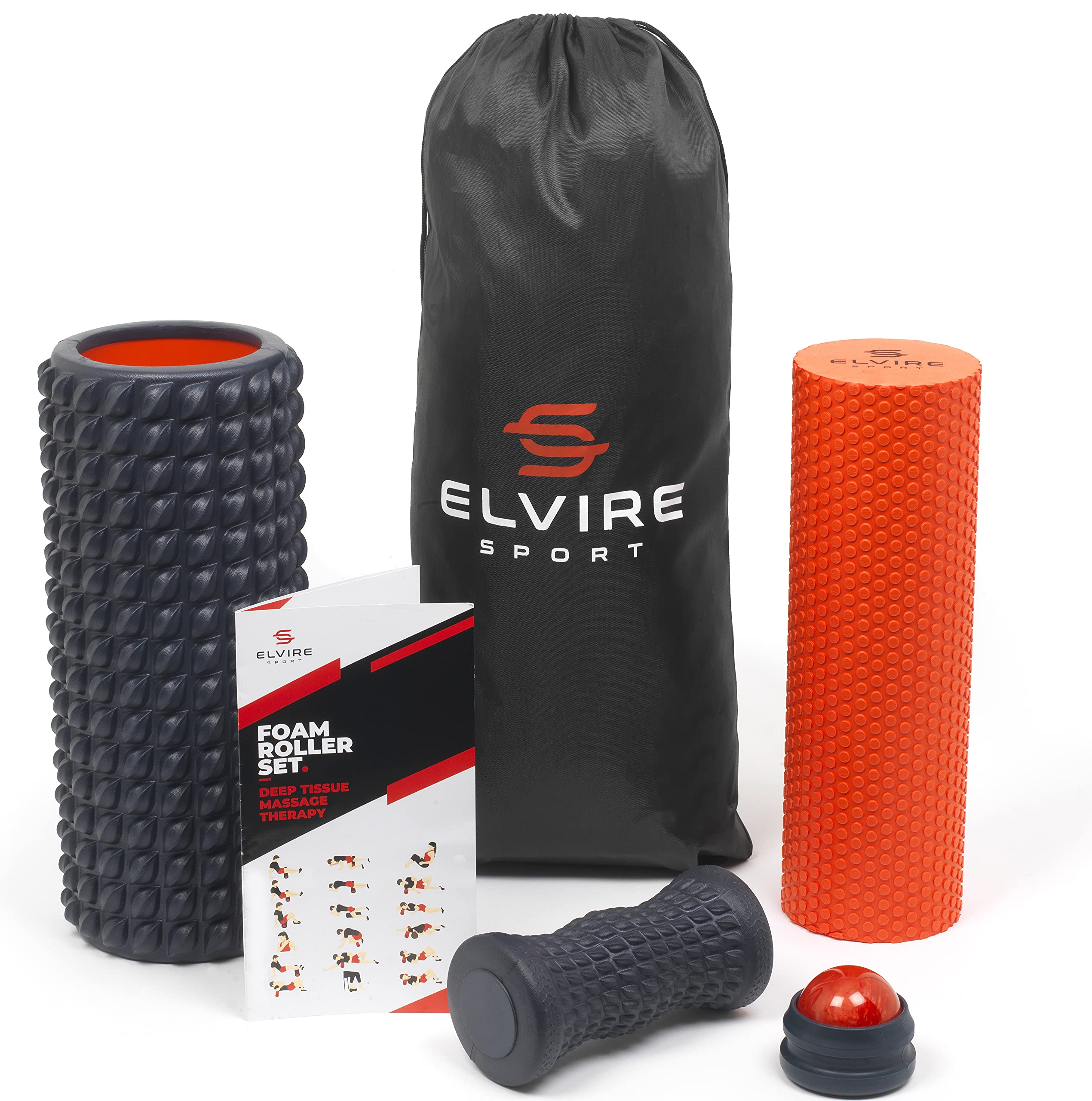 ELVIRE Foam Roller Set for Deep Tissue Massage - Includes Foam Rollers, Massage Roller, Trigger Point Ball & Foot Roller - Relieves Back Pain, Leg Pain, Neck Pain & Plantar Fasciitis - Perfect for Post-Workout Recovery, Muscle Relaxation & Home Physical Therapy