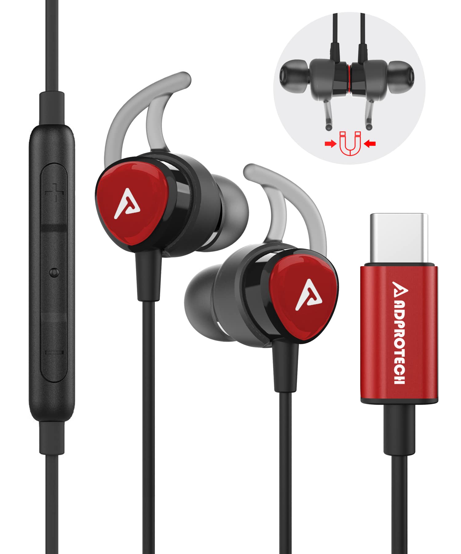 USB C Headphones with Microphone - Magnetic Wired Earphones Type C, Volume Control, Compatible with Google Pixel, Samsung, OnePlus, Sony, MacBook (Black & Red) - Perfect for Workouts, Commuting & Gaming