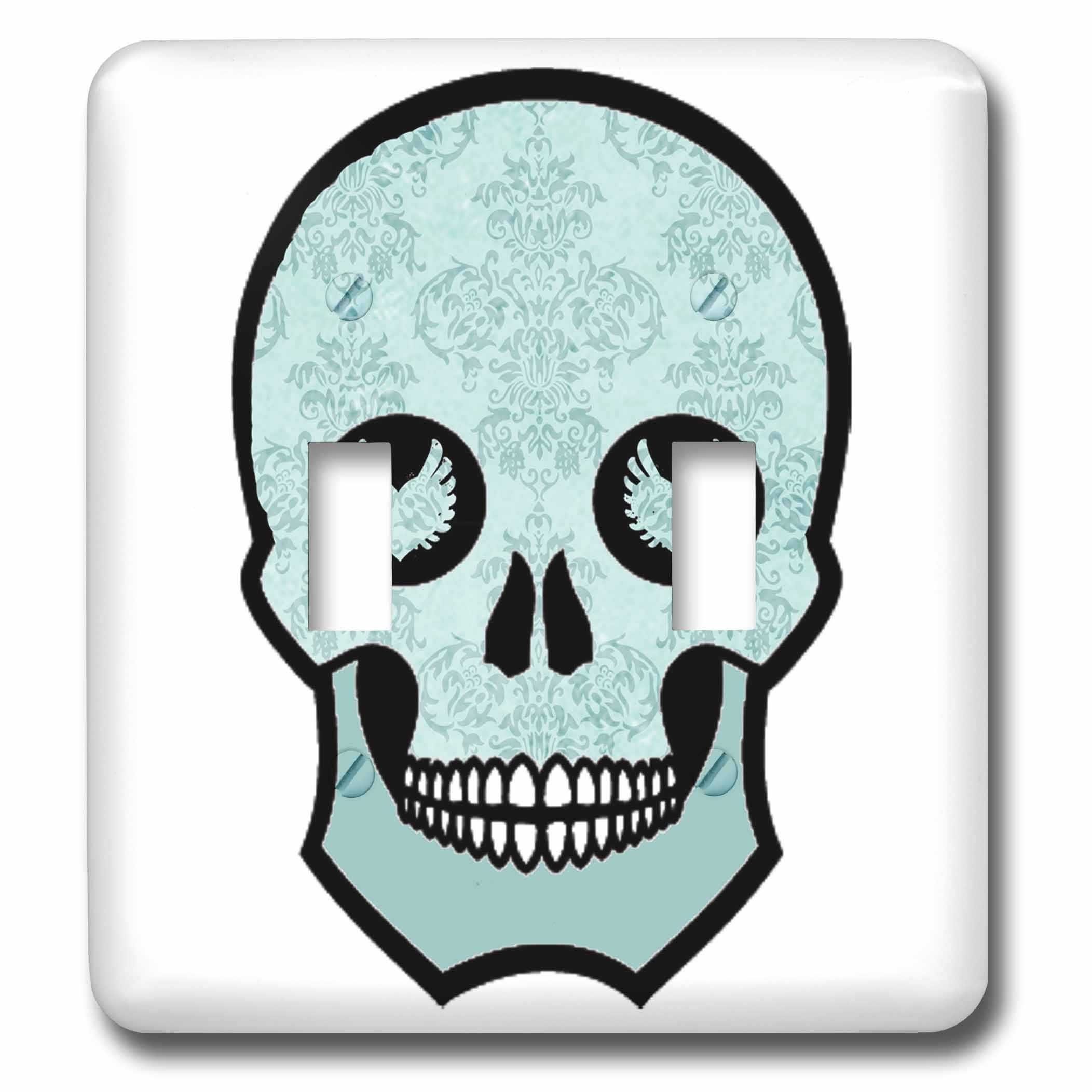 3D Rose Light Blue Damask Skull Double Toggle Switch Plate - Stylish Wall Decor for Living Room, Bedroom, or Office