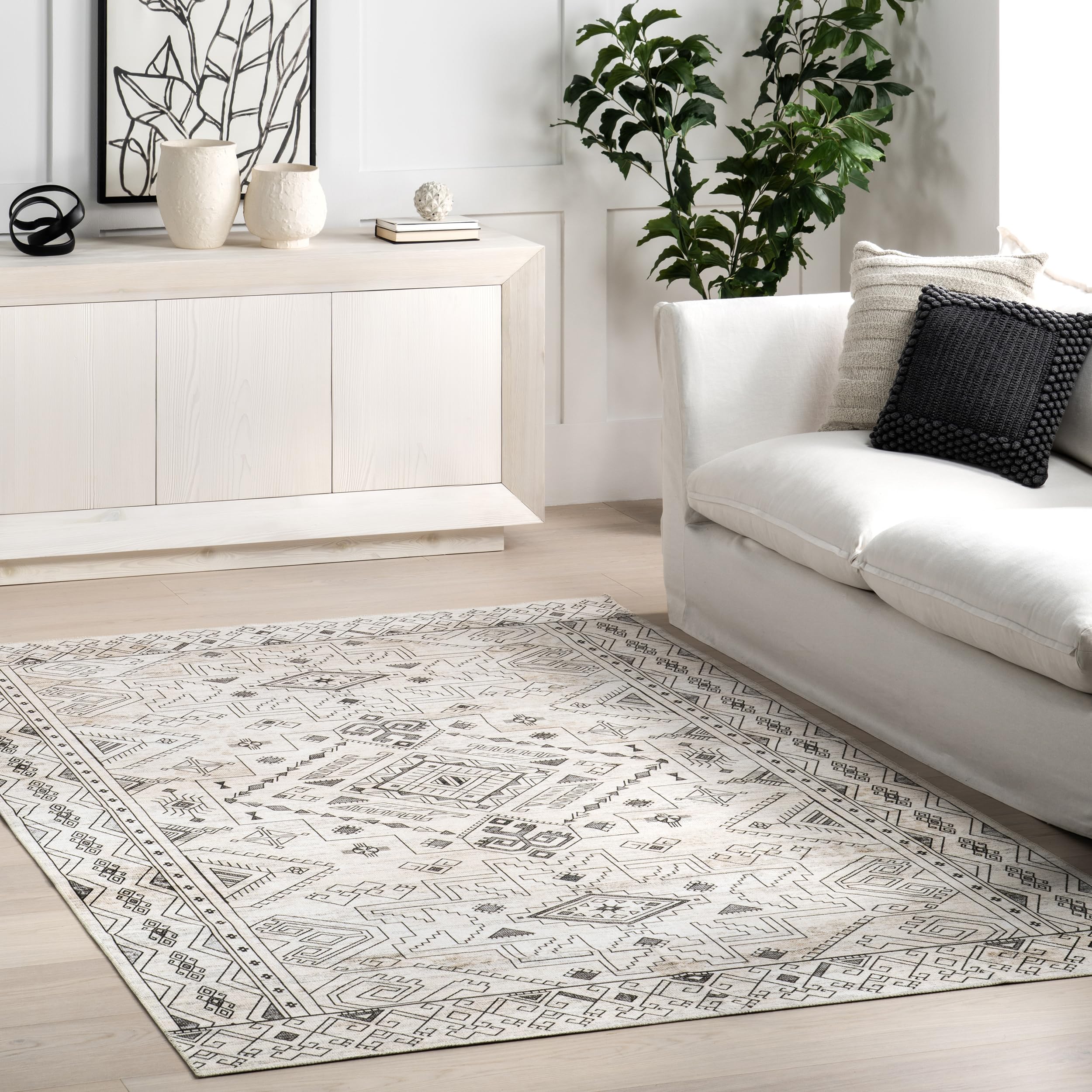 nuLOOM Malena Light Grey 5' x 8' Washable Area Rug - Stain Resistant & Non-Slip Backing - Low Profile Modern Rug for Living Room, Bedroom, Dining Room - Perfect for High Traffic Areas & Pet-Friendly Homes