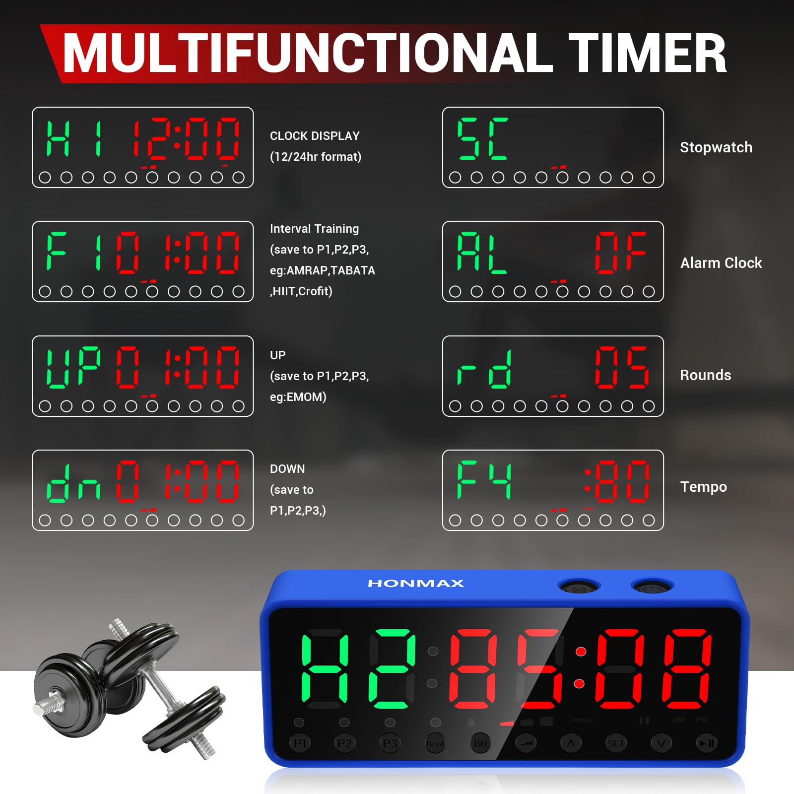 Portable Gym Timer with Large LED Display - Digital Workout Timer for Home & Garage Gym - Built-in Strong Magnet, Lithium Battery & Beat Function - Ideal for CrossFit, HIIT, Boxing & Fitness Training