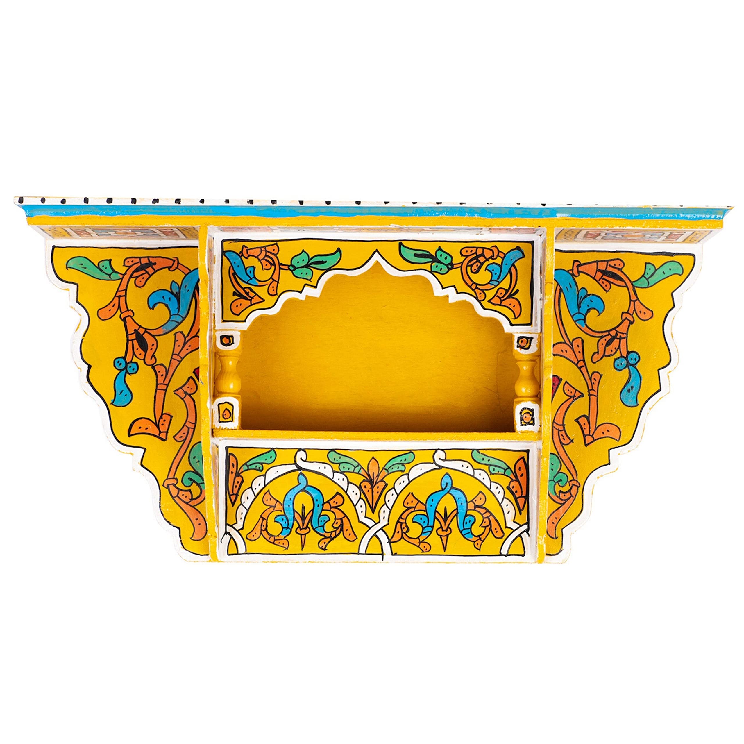 HibArt Moroccan Wooden Floating Shelves - Hand-Painted Zouak Style Arabic Wall Decor Shelf for Living Room, Bedroom (Medium, Yellow) - Perfect for Displaying Books, Plants & Home Decor
