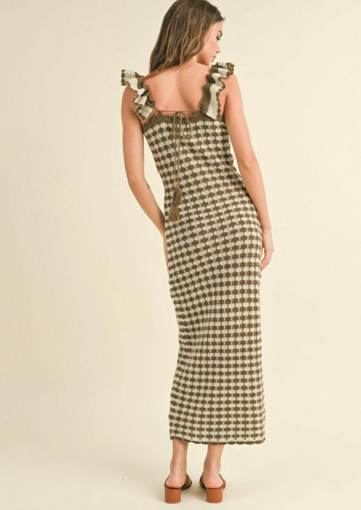 Brown & Stone Checkered Crochet Knitted Ruffle Sleeve Dress - Boho Chic Summer Dress for Beach, Party & Casual Outfits
