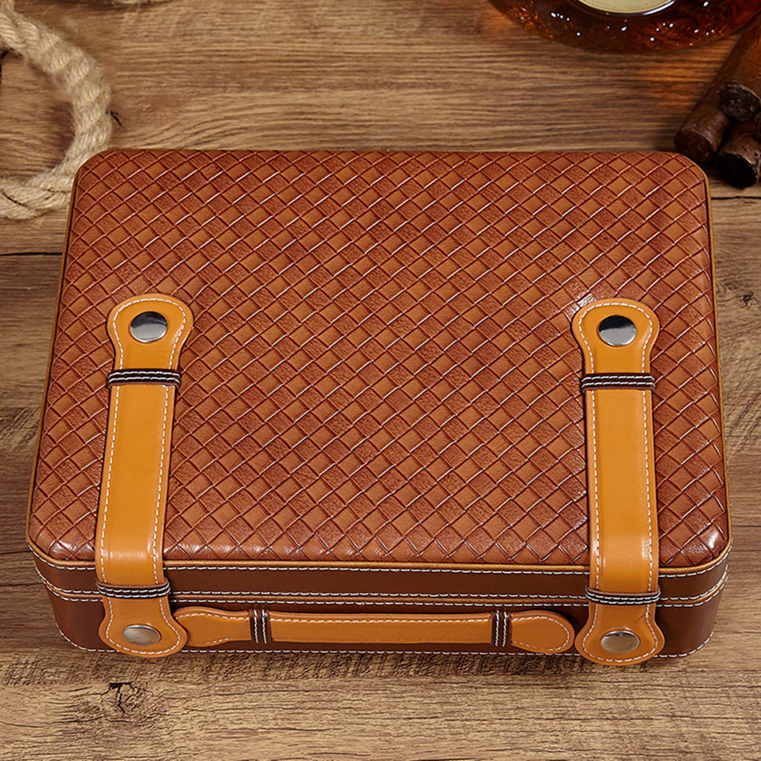 Premium Portable Genuine Leather Cigar Travel Case with Cedar Humidor - Wooden Cigar Box Set Includes Cutter Stand & Free Digital Hygrometer Thermometer - Perfect for Outdoor Travel, Gifts & Cigar Storage