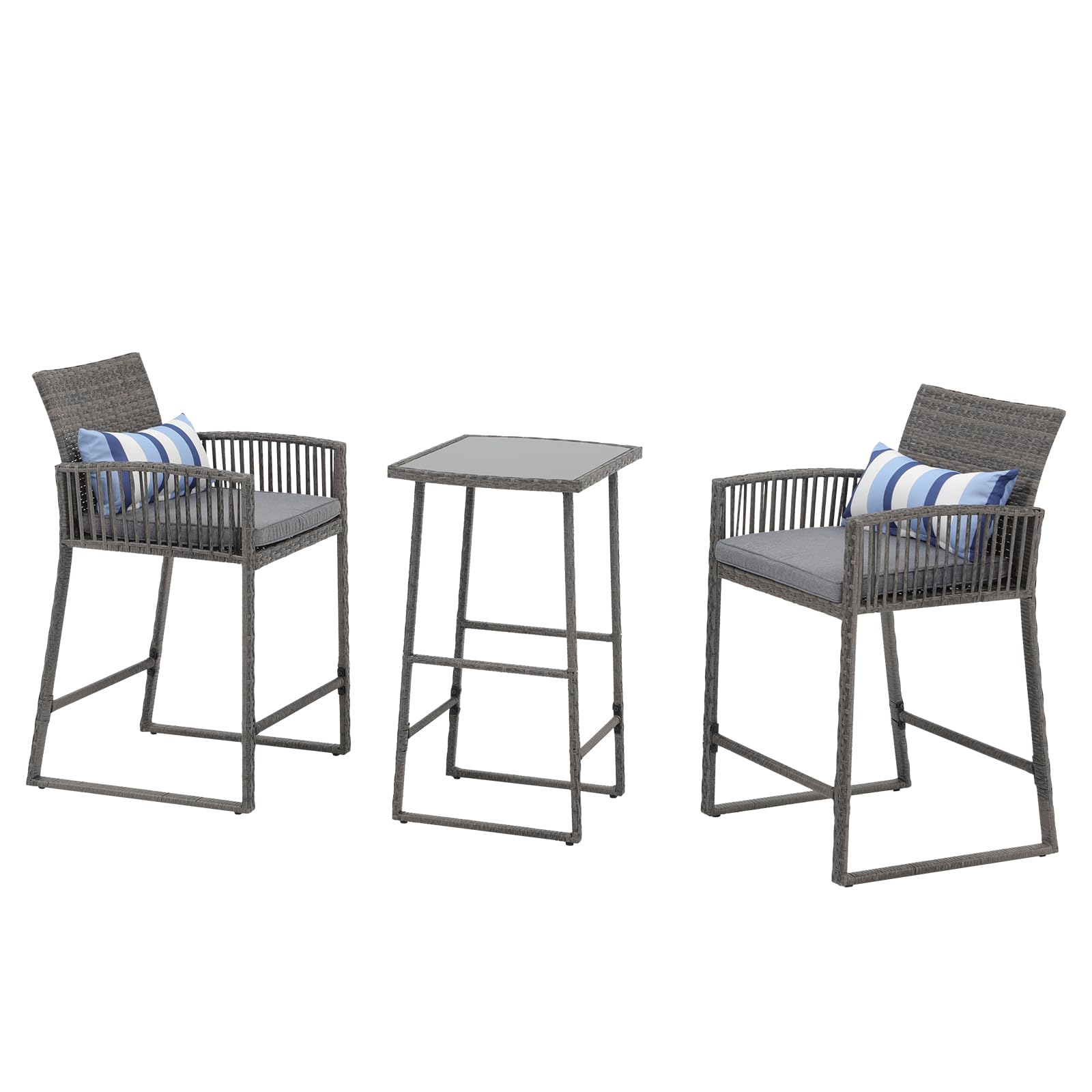 SUNSITT 3-Piece Outdoor Wicker Bar Set - 2 Bar Stools & 1 Pub Table with Grey Rattan, Steel Frame & Striped Pillows - Patio, Garden, Poolside Dining Furniture for Backyard, Deck or Balcony
