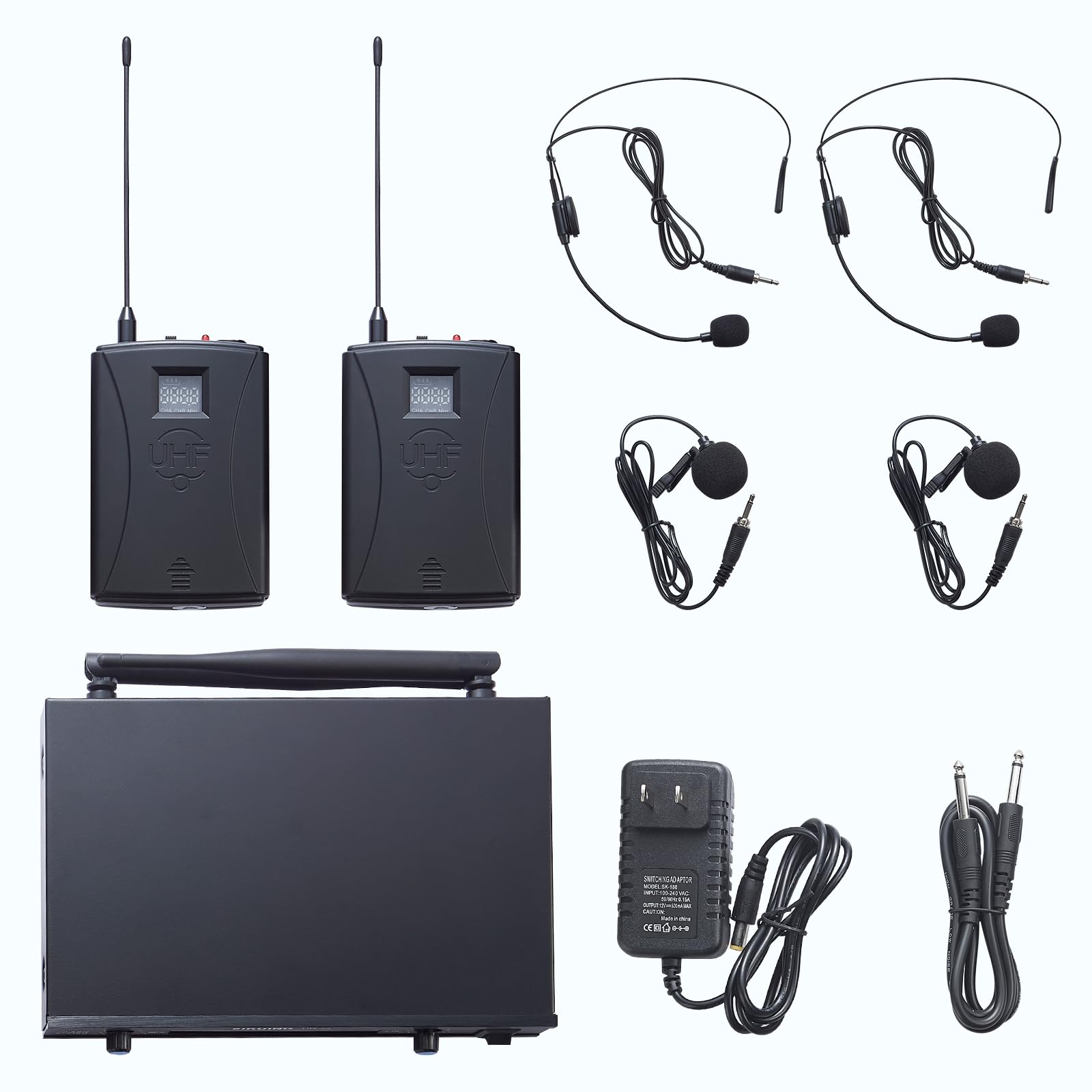 Professional Dual Channel UHF Wireless Microphone System with 2x30 Adjustable Frequencies - Includes Lavalier & Headset Mics for Church, Meetings, Presentations - 300ft Range (2 Bodypack) - Perfect for Worship Services, Corporate Events & Public Speaking