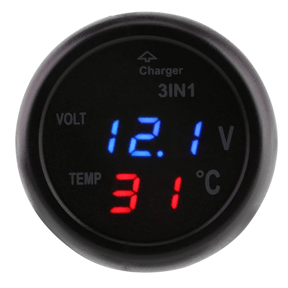 Dual LED Digital Display Battery Charging Gauge with Voltmeter & Thermometer - 12V Car Cigarette Lighter USB Charger (Blue/Red) - Perfect for RV, Truck, Boat & Automotive Battery Monitoring