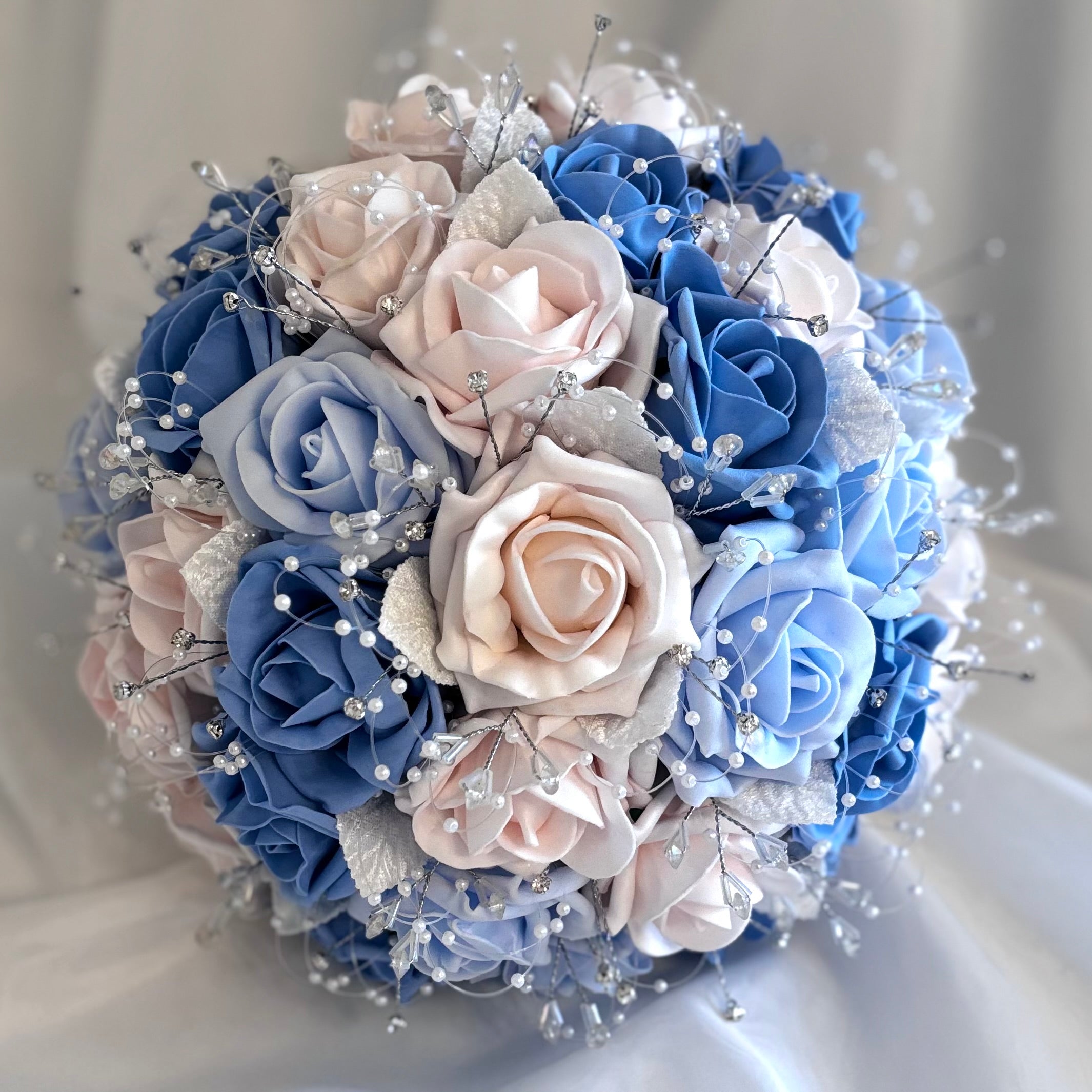Artificial Bridal Bouquet - Blush Pink & Blue Roses with Diamantés & Crystals - Wedding Flowers FL67 - Perfect for Bridal Showers, Wedding Decor & Photo Props