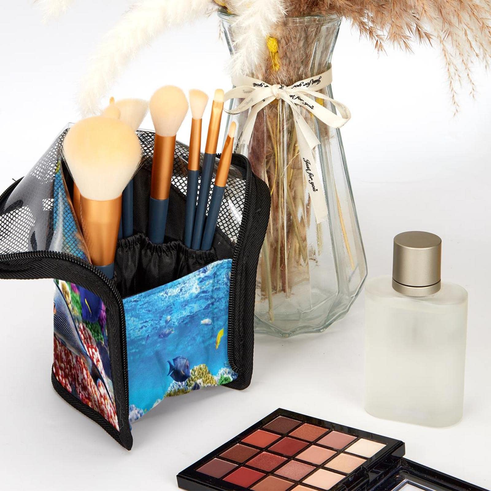 12-Piece Makeup Brush Organizer Bag with Tropical Coral Fish Design - Portable Waterproof Cosmetic Brush Holder Case for Travel, Home & Professional Makeup Artist Use