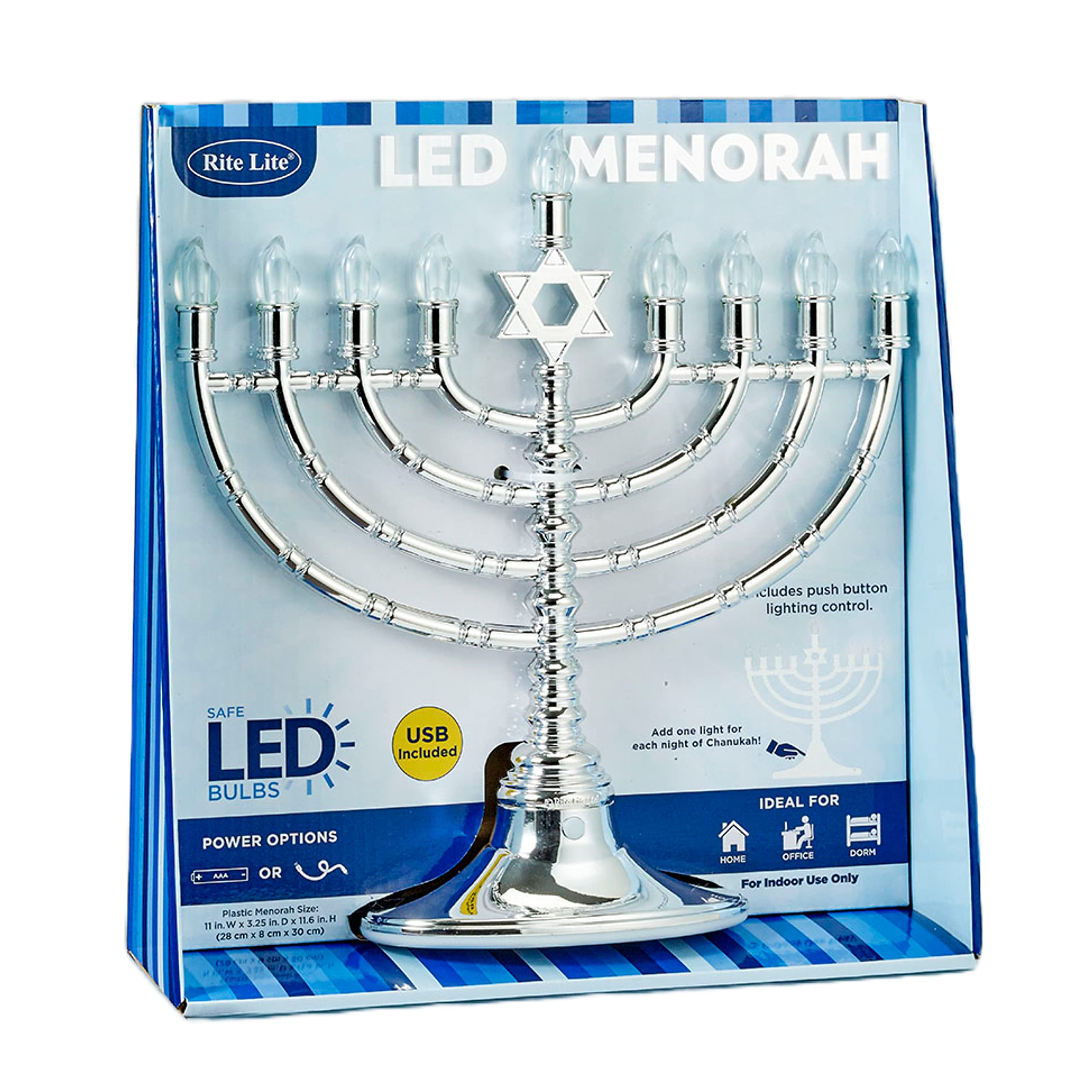 Traditional Large Silver LED Hanukkah Menorah with Blue Holiday Bulbs - Battery/USB Powered (Includes 4' Micro USB Cable) - Perfect for Chanukah Celebrations in Homes, Offices & Dorm Rooms - Elegant Jewish Holiday Decor for Tabletop & Window Displays