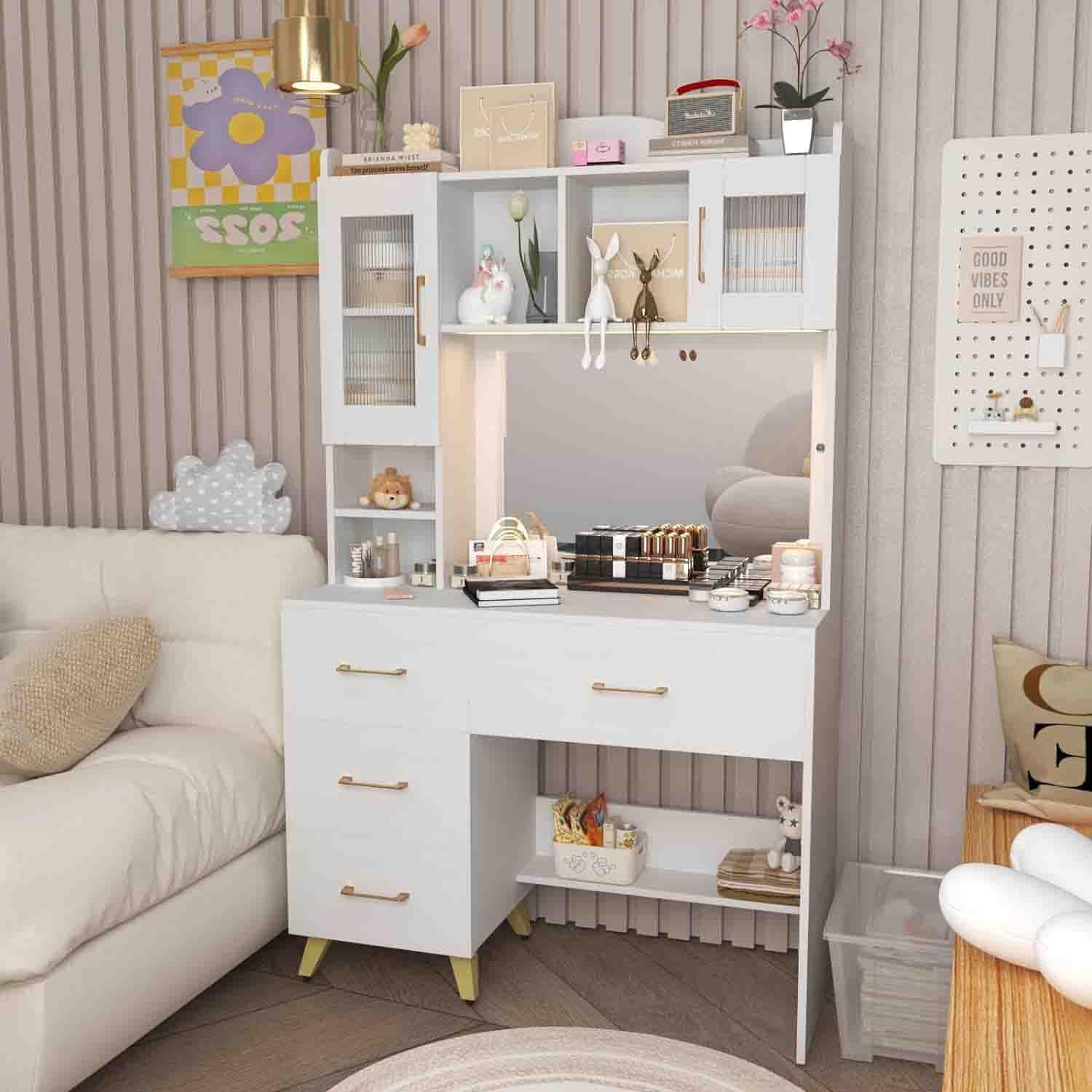 Modern White Vanity Desk with Large Lighted Mirror & Storage - 66.9
