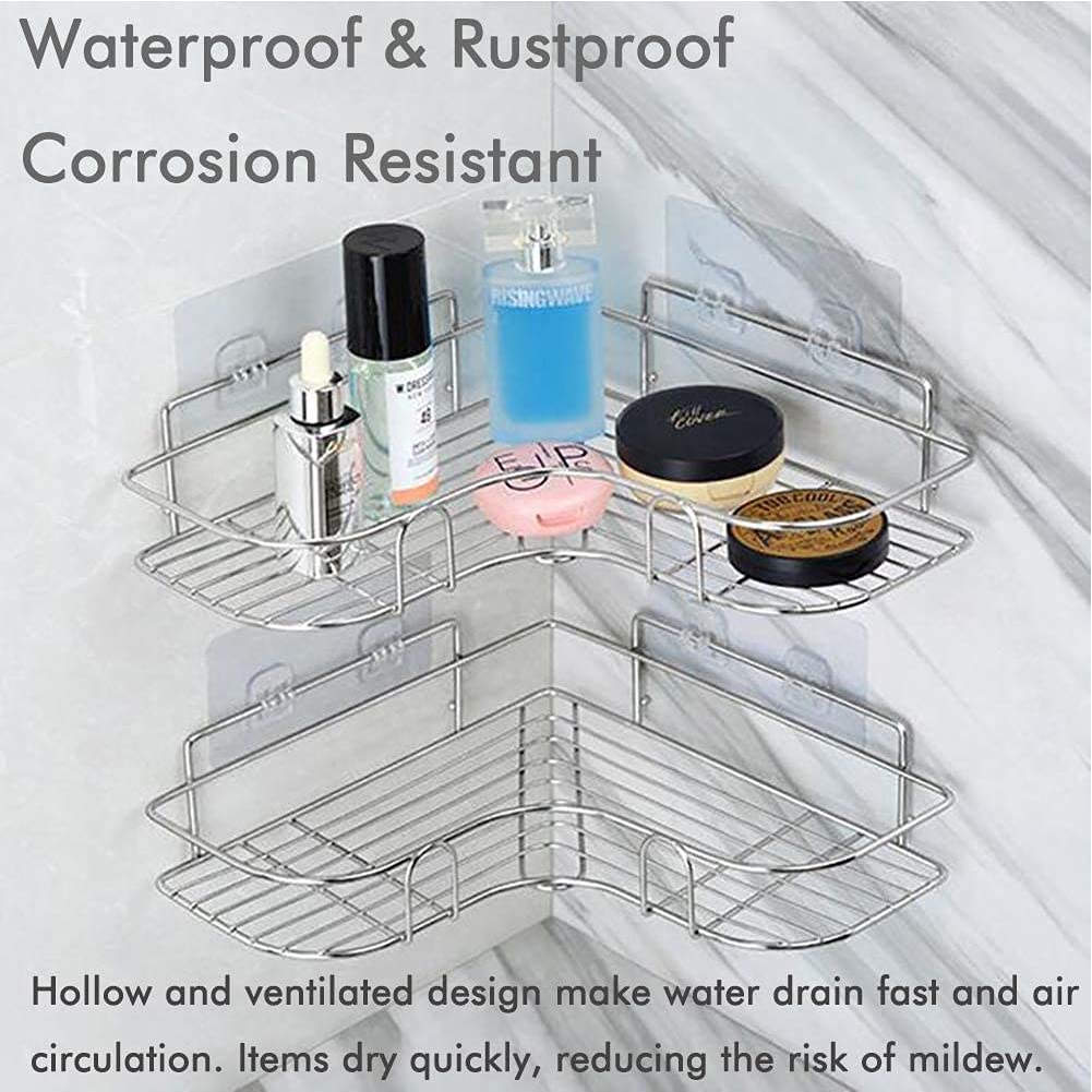 Stainless Steel Adhesive Shower Organizer - Drill-Free Bathroom Corner Shelf with Hooks, Rustproof & Waterproof Shower Caddy Basket for Shampoo & Toiletries - Perfect for Small Bathrooms, Apartments & Rented Spaces