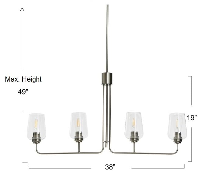 Holden 4-Light Linear Chandelier - Antique Nickel Finish Metal & Glass Modern Pendant Light for Dining Room, Kitchen Island or Living Room Ceiling Lighting