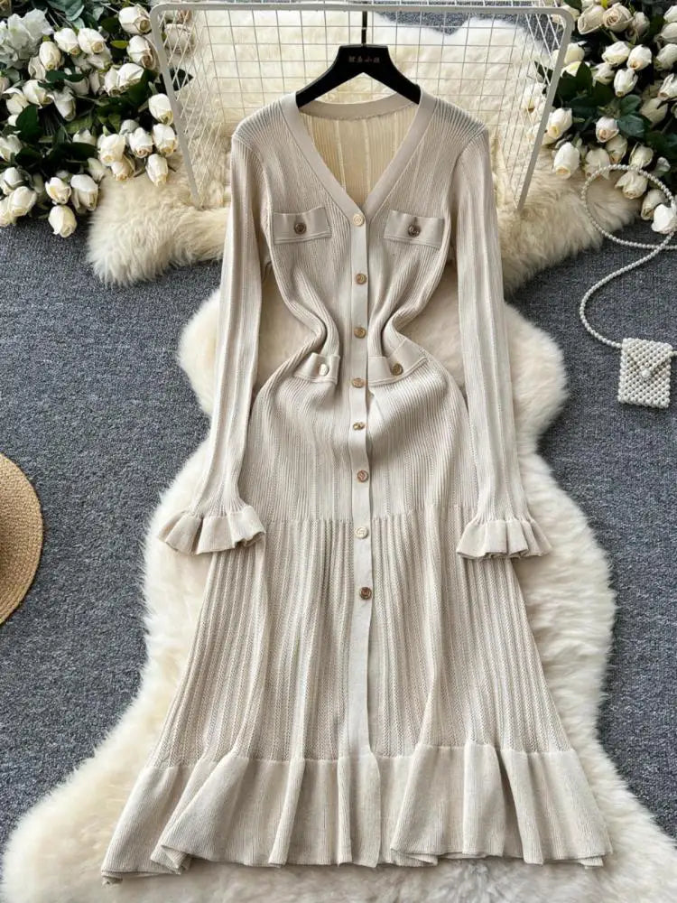 Elegant French Green V-Neck Knitted Dress for Women - Slim Fit Long Sleeve Ruffled Dress with Single Breasted Design | Perfect for Autumn 2024 Fashion, Office Wear, and Special Occasions