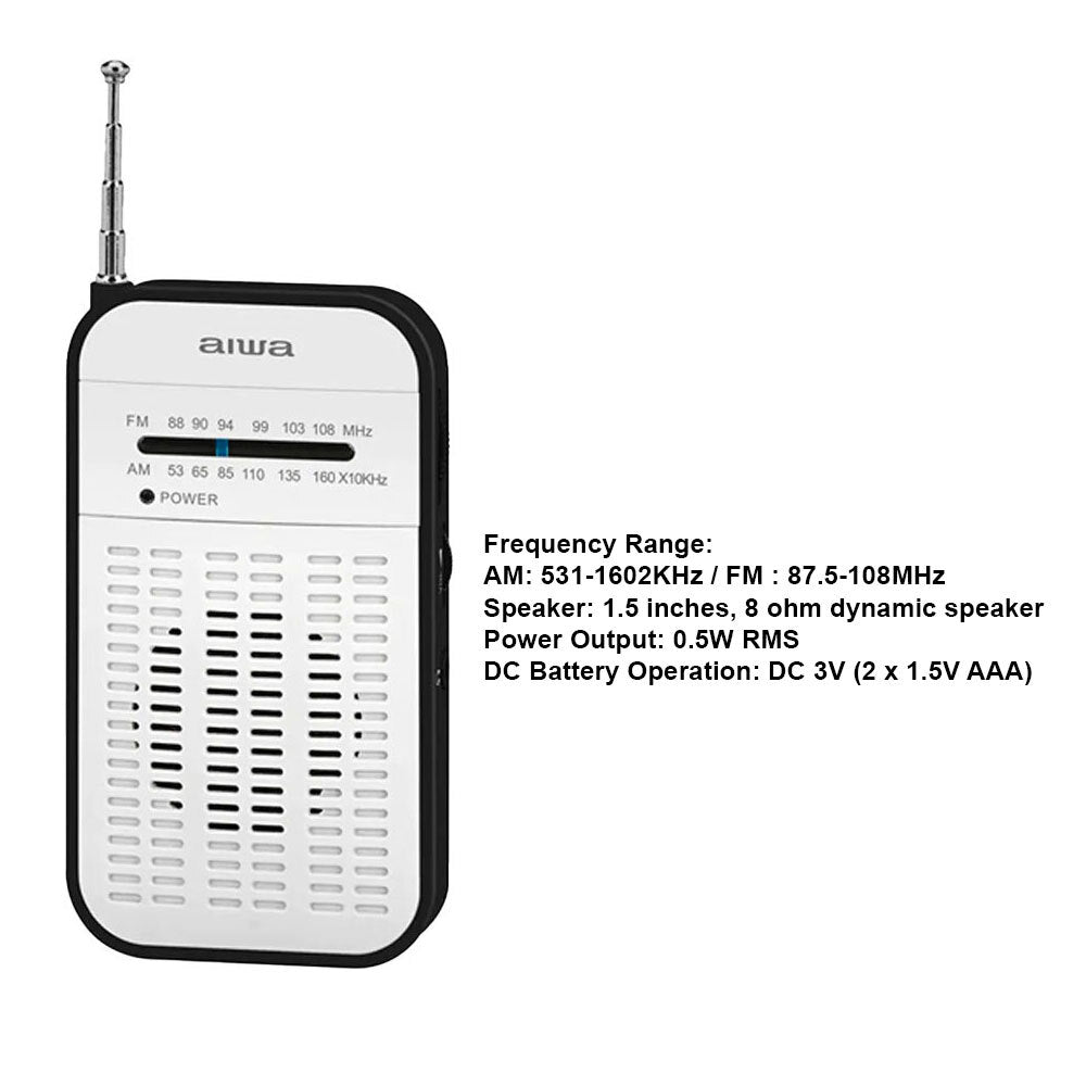 Aiwa Portable AM/FM Radio with AAA Battery - Compact Handheld Transistor Radio for Emergency, Camping, Travel & Outdoor Activities (White)