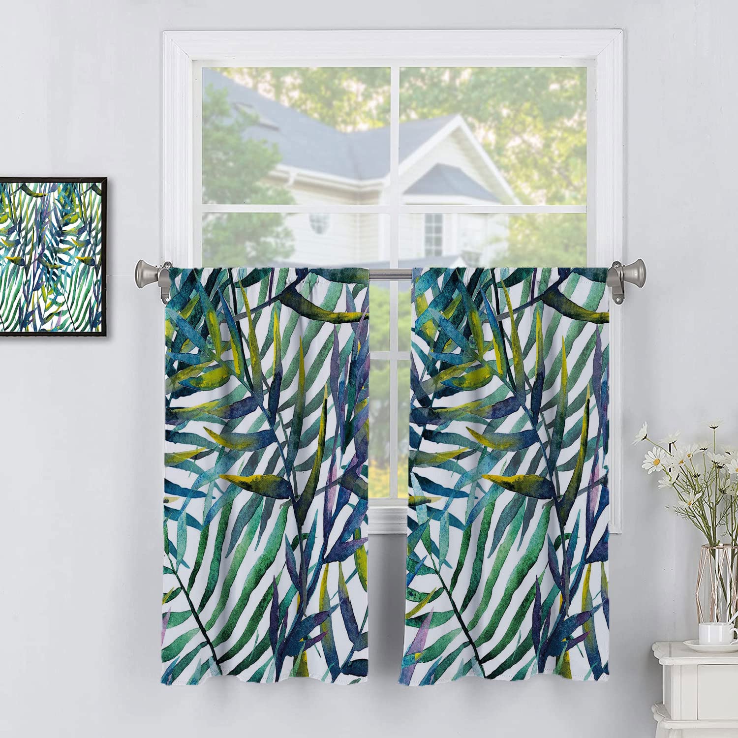 Tropical Palm Leaf Blackout Curtains for Kitchen, Nursery, Dining & Bathroom - 2 Panels, Green & Purple, 42