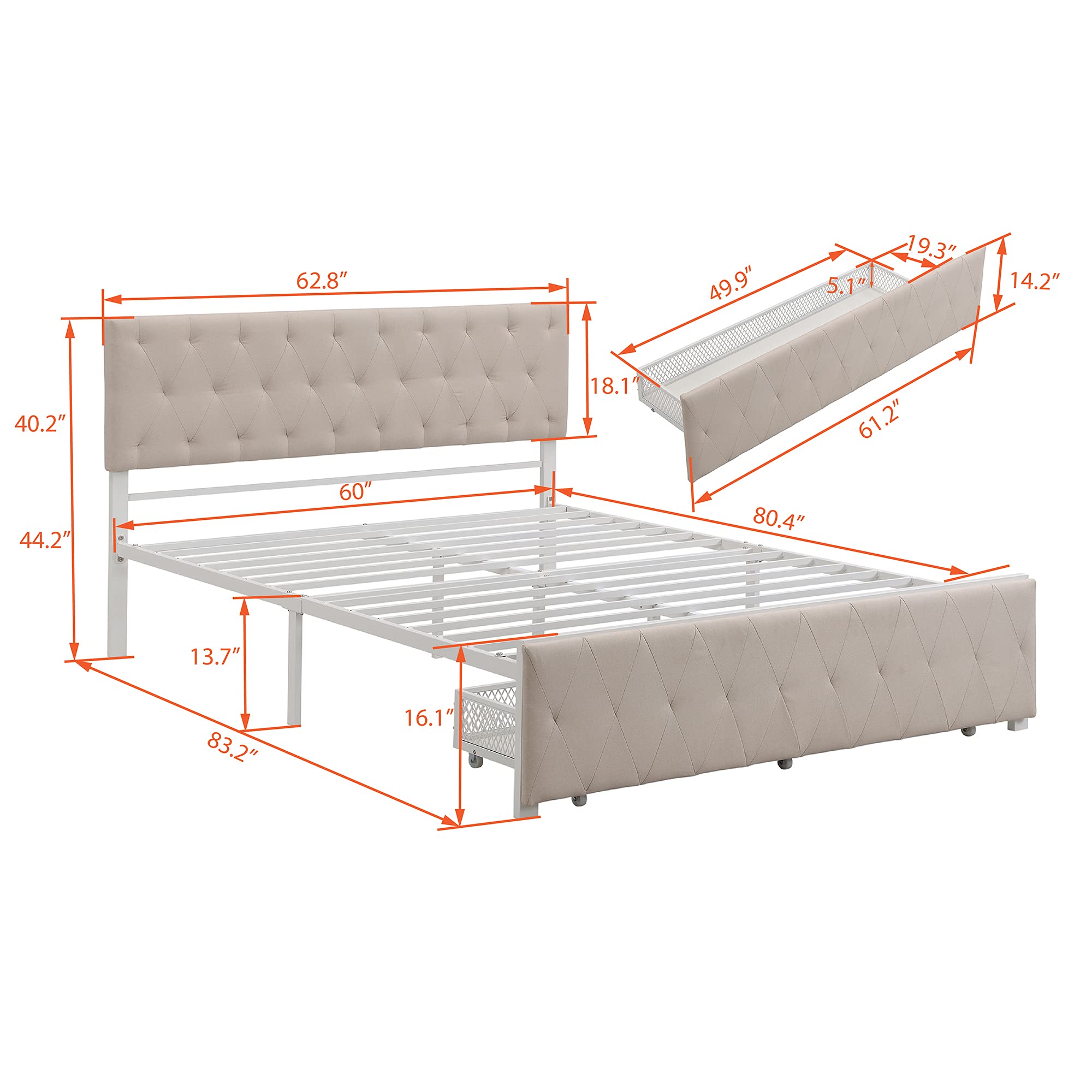 Queen Size Upholstered Platform Bed with Storage Drawer - Sturdy Metal Frame & Slat Support System, No Box Spring Needed, Beige - Perfect for Small Bedrooms, Guest Rooms & Modern Apartments