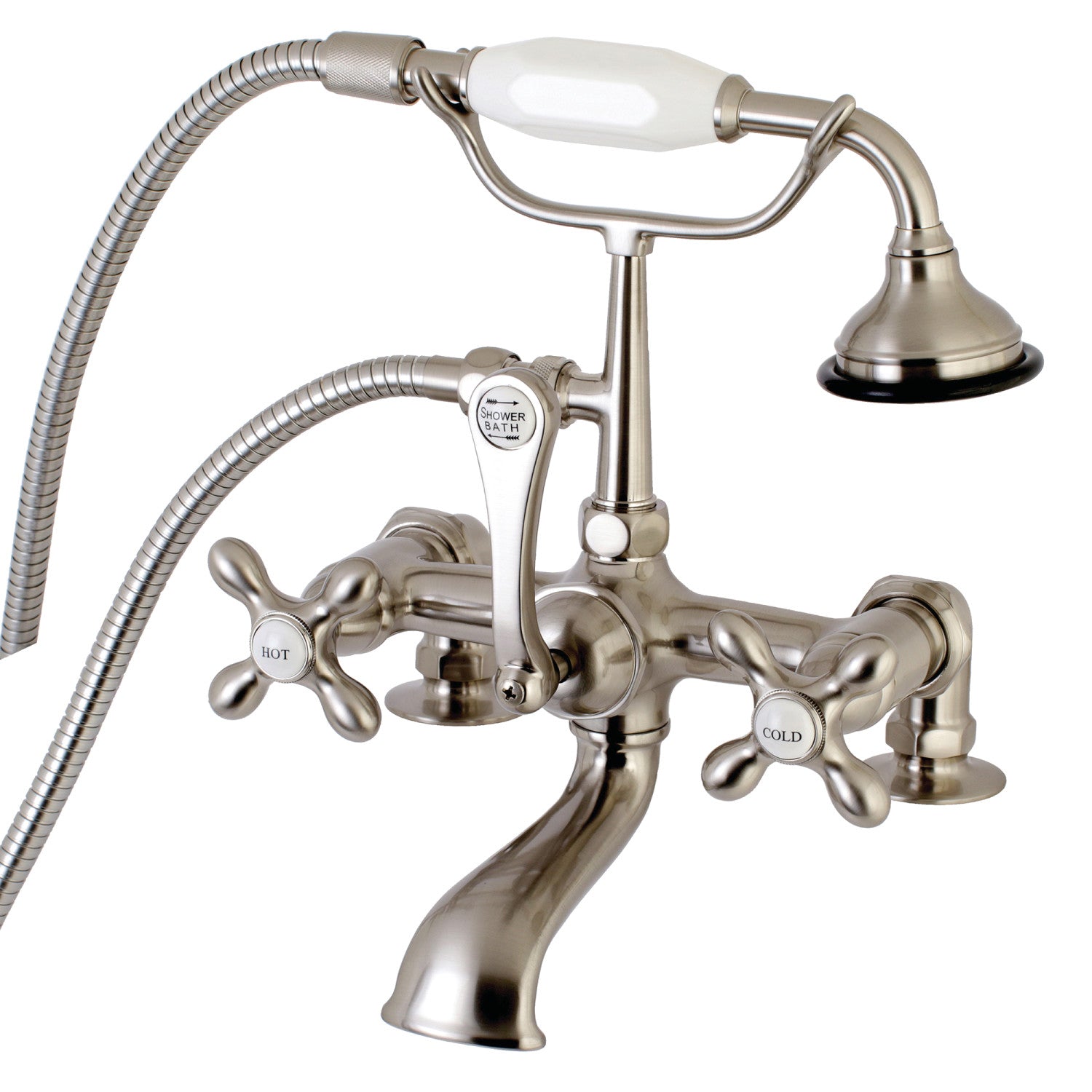 Vintage Style 3-Handle 2-Hole Deck Mount Clawfoot Bathtub Faucet with Hand Shower in Brushed Nickel - Perfect for Classic Bathroom Renovations & Spa-Like Showers