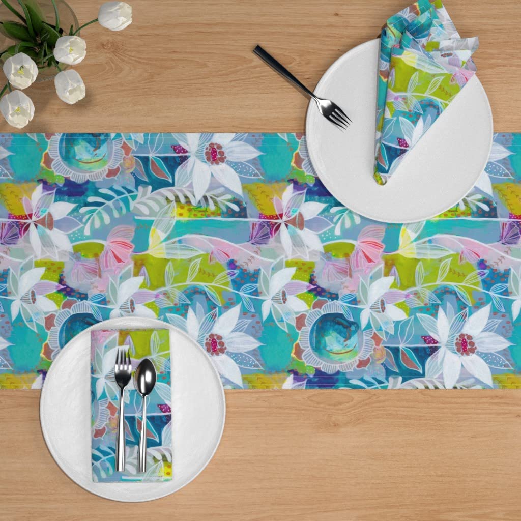 Magic Lotus Floral Turquoise Boho Paint Pink Watercolor Table Runner - 108