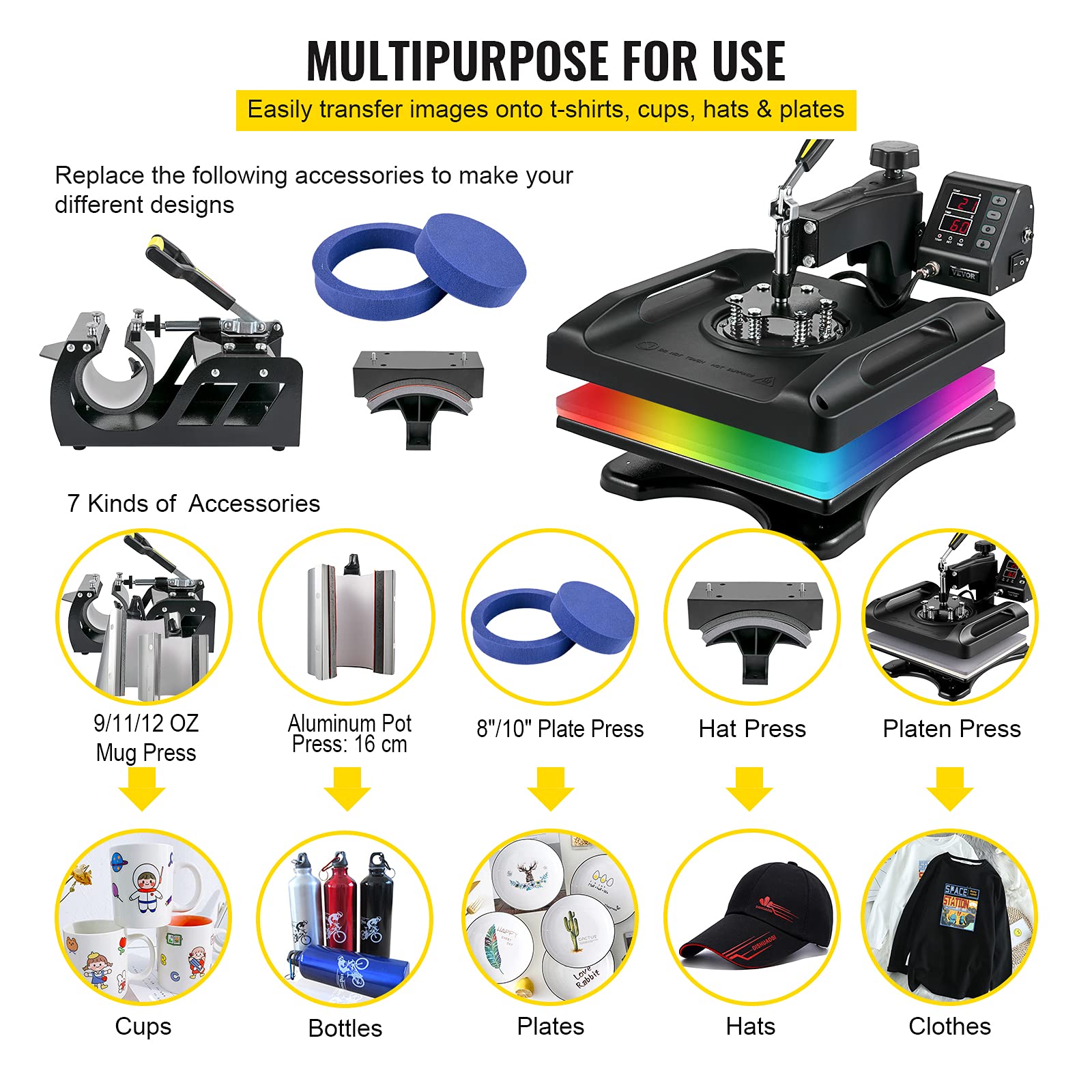 VEVOR 15x15 Inch 8-in-1 Heat Press Machine 800W Sublimation Printer with 360° Rotation Swing-Away Design & Dual-Tube Heating System for DIY T-Shirts, Hats, Mugs - Perfect for Home Crafting & Small Business Printing (Black)