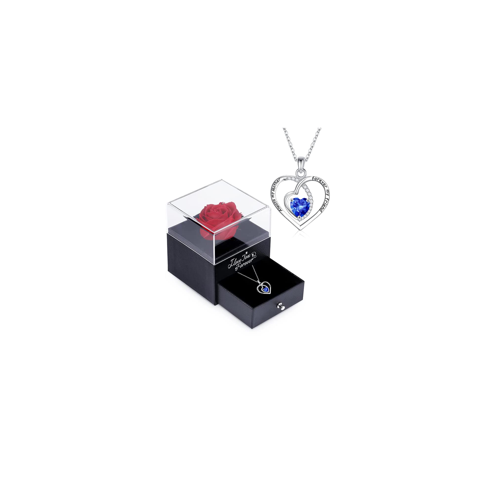 Preserved Red Rose Gift Box with 925 Sterling Silver Birthstone Heart Necklace - Eternal Rose Flowers for Mom, Valentine's Day, Christmas, Birthday & Mother's Day Gifts | Perfect for Anniversaries, Romantic Surprises & Special Occasions