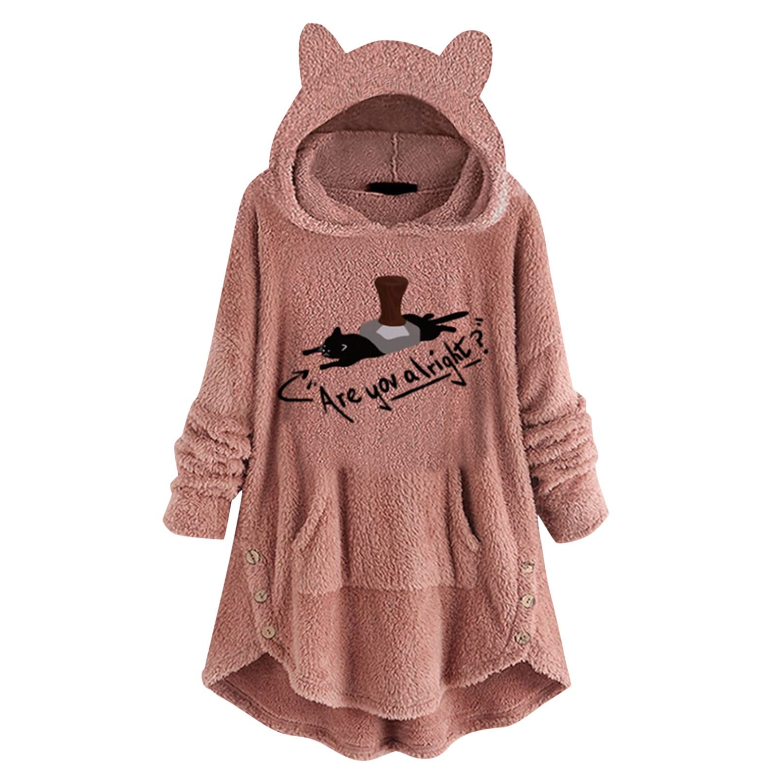 Women's Cute Cat Print Fleece Hoodie with Pockets & Button Ear Design - Long Sleeve Pullover for Casual Wear, Outdoor Activities & Street Fashion