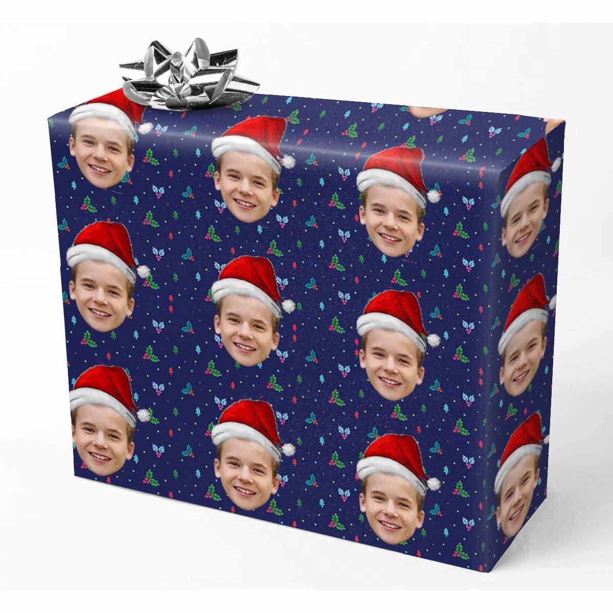 Custom Photo Christmas Wrapping Paper with Blue Background & Red Santa Hat - Personalized Gift Wrap for Dad, Mom, Family - 1 Roll | Perfect for Holiday Presents, Birthday Gifts & Special Occasions
