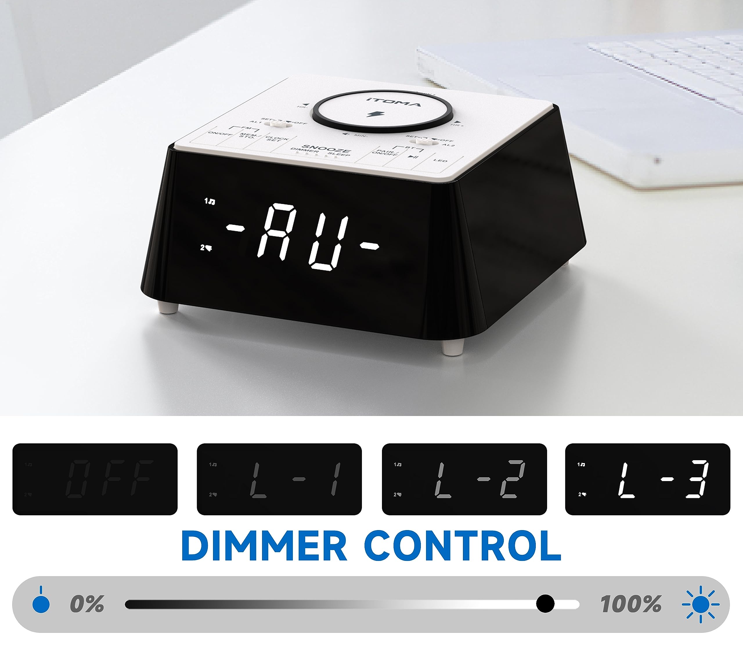 iTOMA Wireless Charging Alarm Clock Radio with Bluetooth Speaker | FM Radio, Dual Alarm & Snooze | USB Charging Port & Night Light | Dimmable Display for Bedroom, Office & Travel (Model 205)