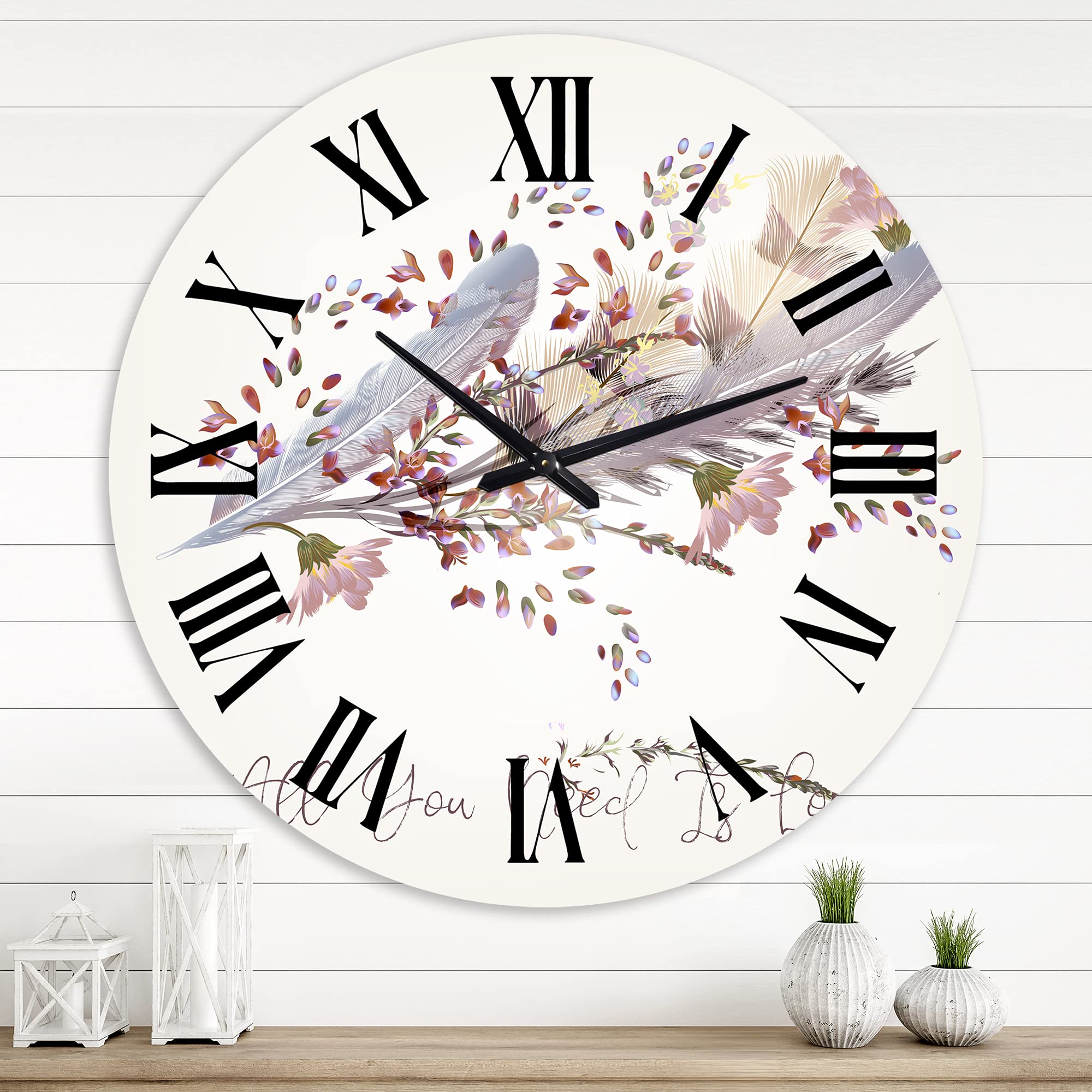 Bohemian Eclectic Wall Clock - Pink Feathers & Birds 'All You Need is Love' Design, Large Decorative Clock for Living Room, Bedroom & Office | Unique Home Decor Gift Idea