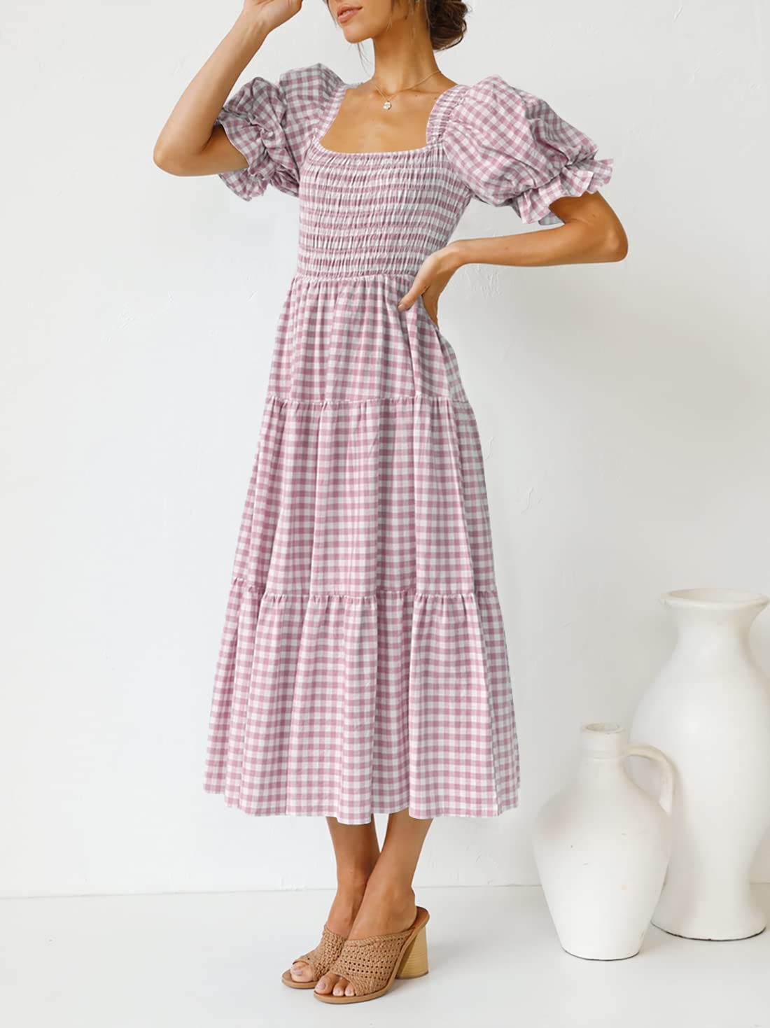 ZESICA Women's 2025 Bohemian Summer Dress - Plaid Square Neck, Puff Sleeve & Ruffle Flowy Midi Dress for Beach, Vacation & Casual Wear