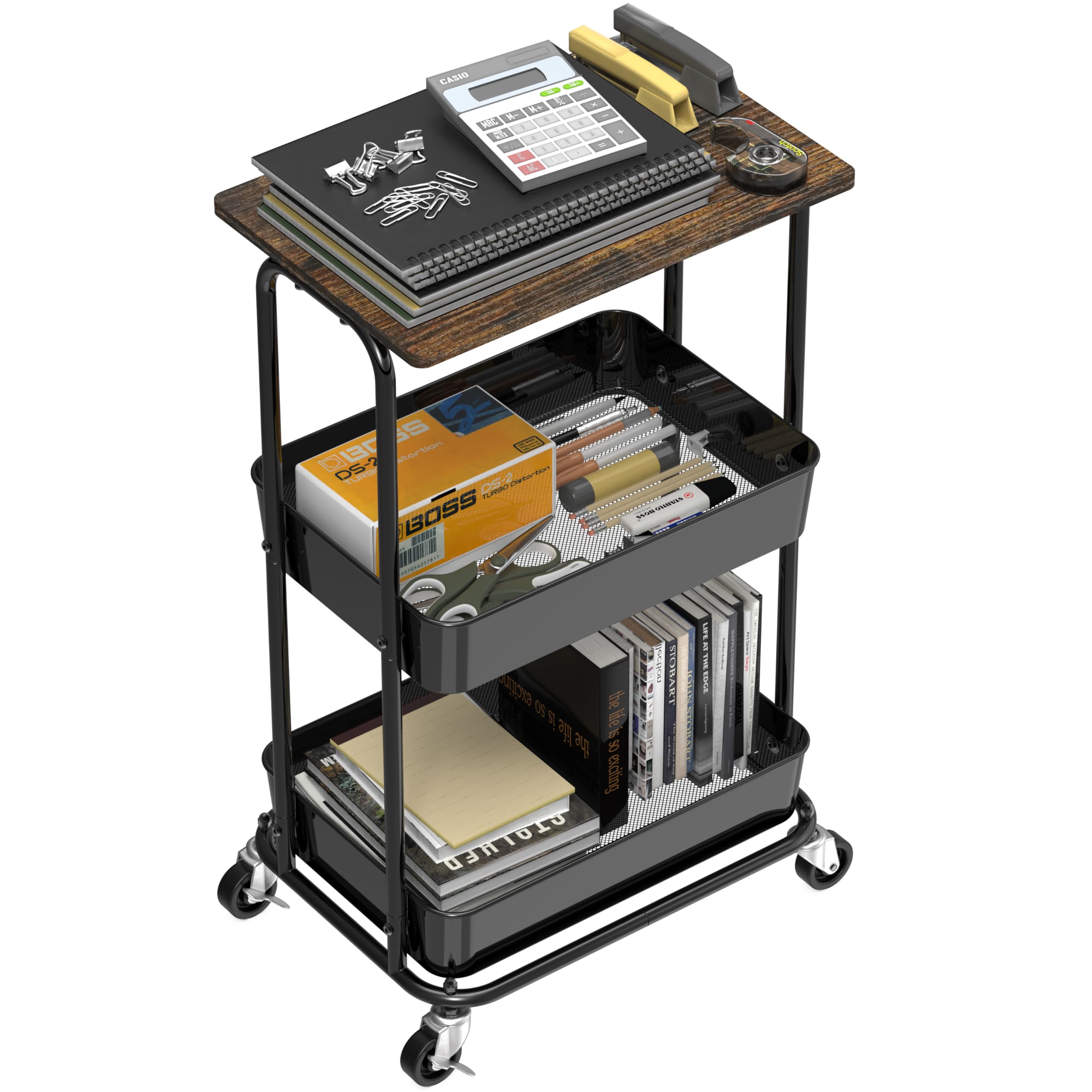 2-Tier Rolling Utility Cart with Top Board - Rustic Brown Kitchen & Bathroom Organizer for Storage, Mobile Serving Cart for Home & Office Use