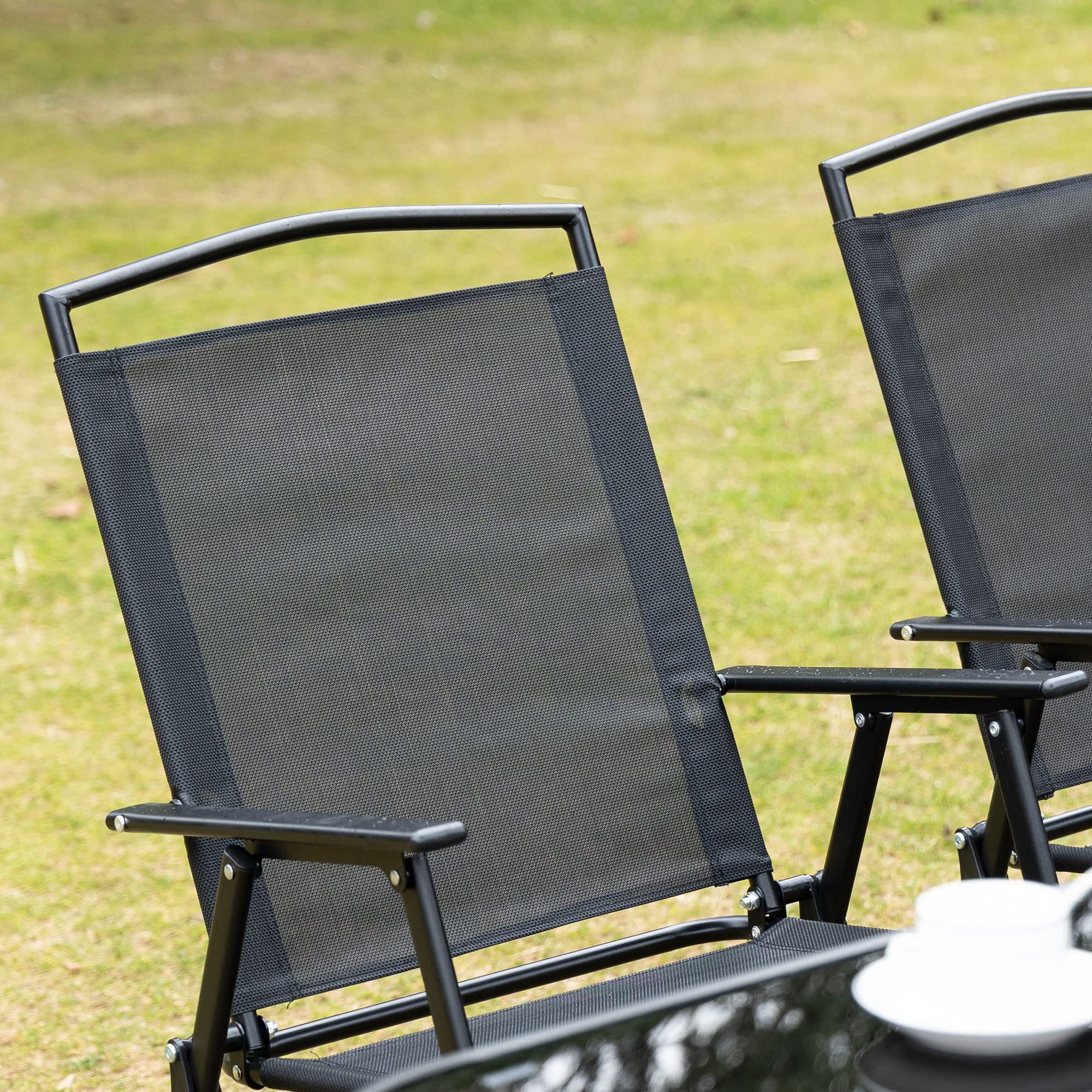 Outsunny 8-Piece Black Patio Dining Set with Rectangle Table, 6 Folding Chairs & Umbrella | Outdoor Furniture for Garden, Backyard & Poolside Dining