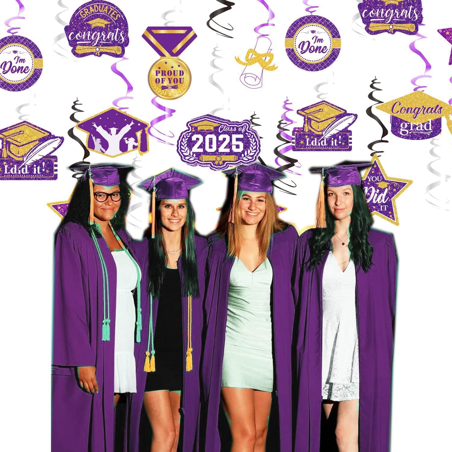 2025 Graduation Party Decorations - Purple, Black & Gold Hanging Swirls for NYU, ISU & College Graduates | Class of 2025 Graduation Decor for Dorms, Parties & Photo Backdrops