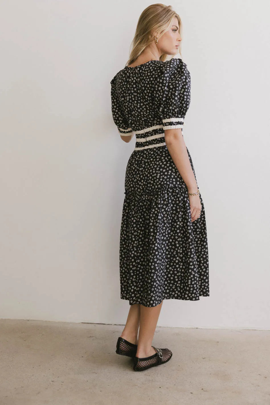 Kendra Ditsy Floral Midi Dress in Black - Women's Vintage Style Flowy Summer Dress for Casual Outings & Garden Parties | FINAL SALE