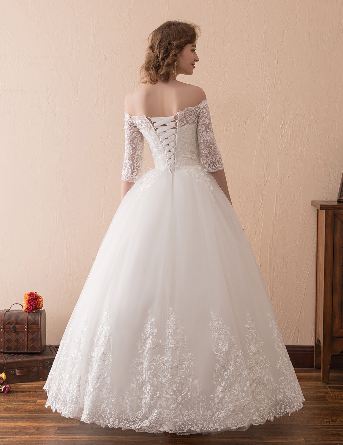 Elegant White Lace Long Sleeve Off-Shoulder A-Line Wedding Dress with Strapless Design - Floor Length Formal Evening Gown WD121 for Bridal, Prom, and Special Occasions