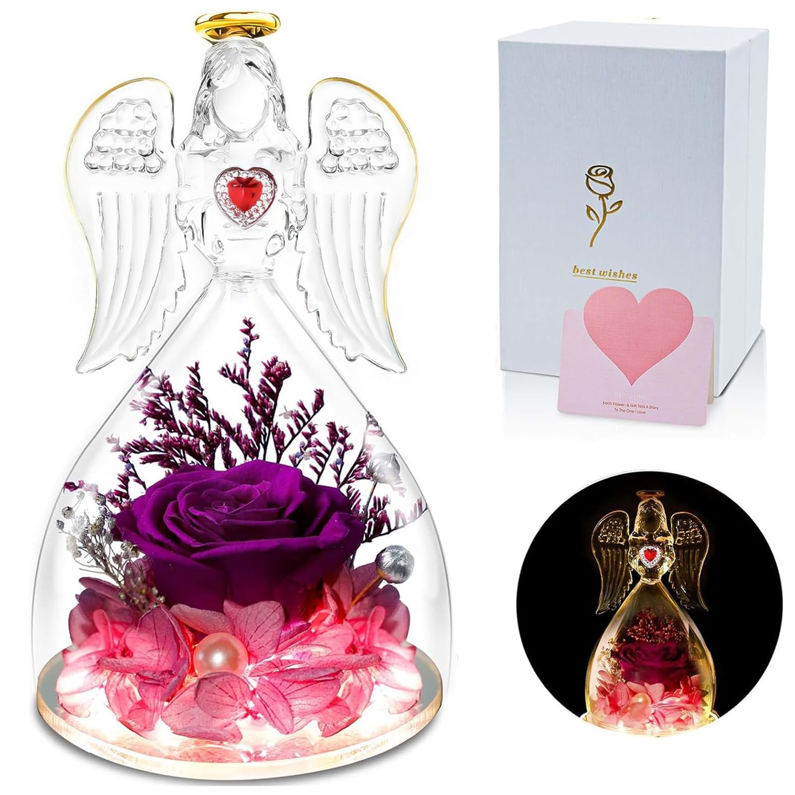 Preserved Rose Angel Gift for Women - Glass Angel with Real Rose Inside, Birthday Gift for Mom from Daughter or Son, Purple Forever Rose Gift for Grandma Wife or Mother | Perfect for Valentine's Day, Anniversary, Mother's Day & Home Decor