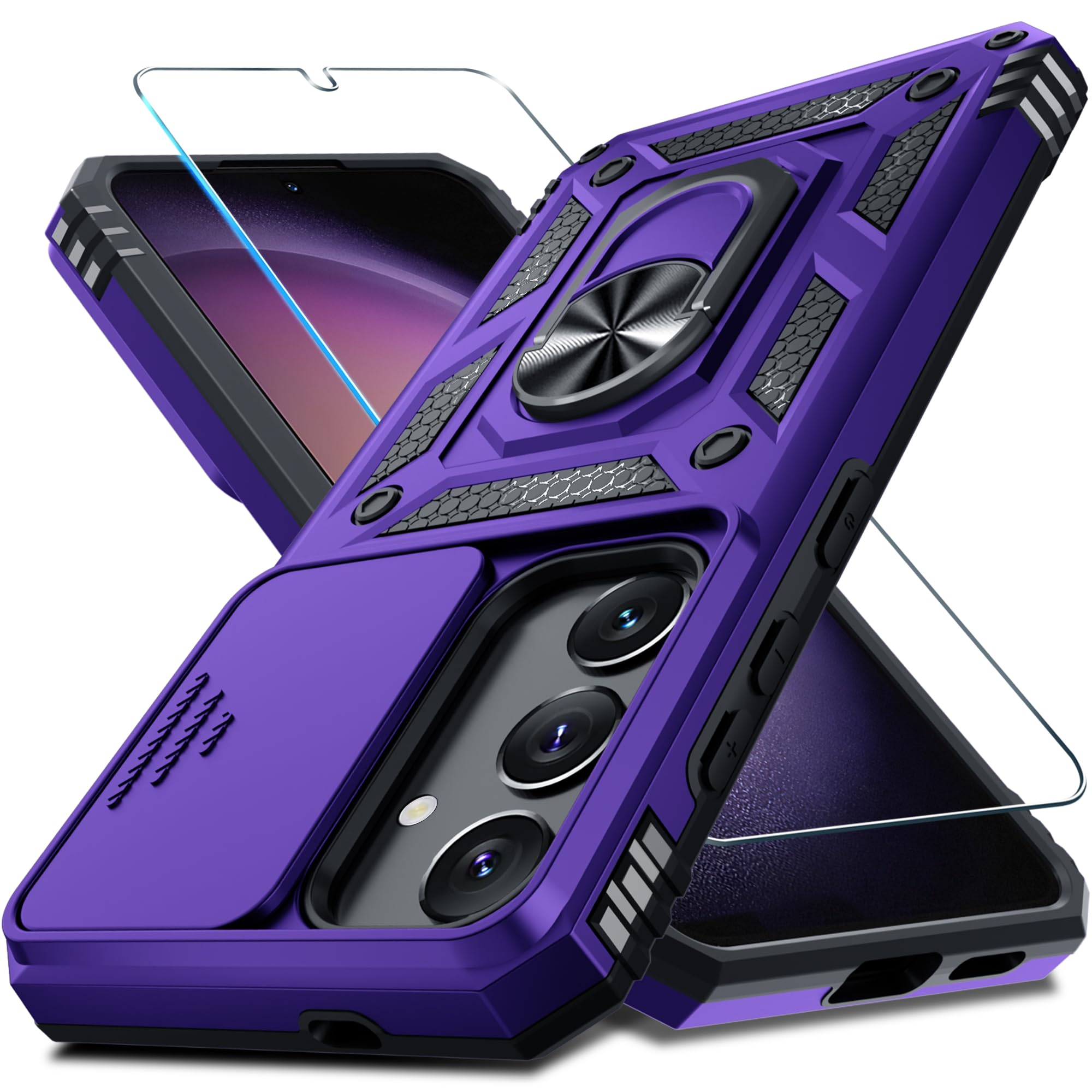Janmitta Heavy Duty Shockproof Full Body Phone Case for Samsung Galaxy S25 Plus/S24 Plus - Built-in Slide Camera Lens Cover, Screen Protector & Finger Ring Holder Kickstand - Purple | Perfect for Outdoor Activities, Travel & Daily Protection