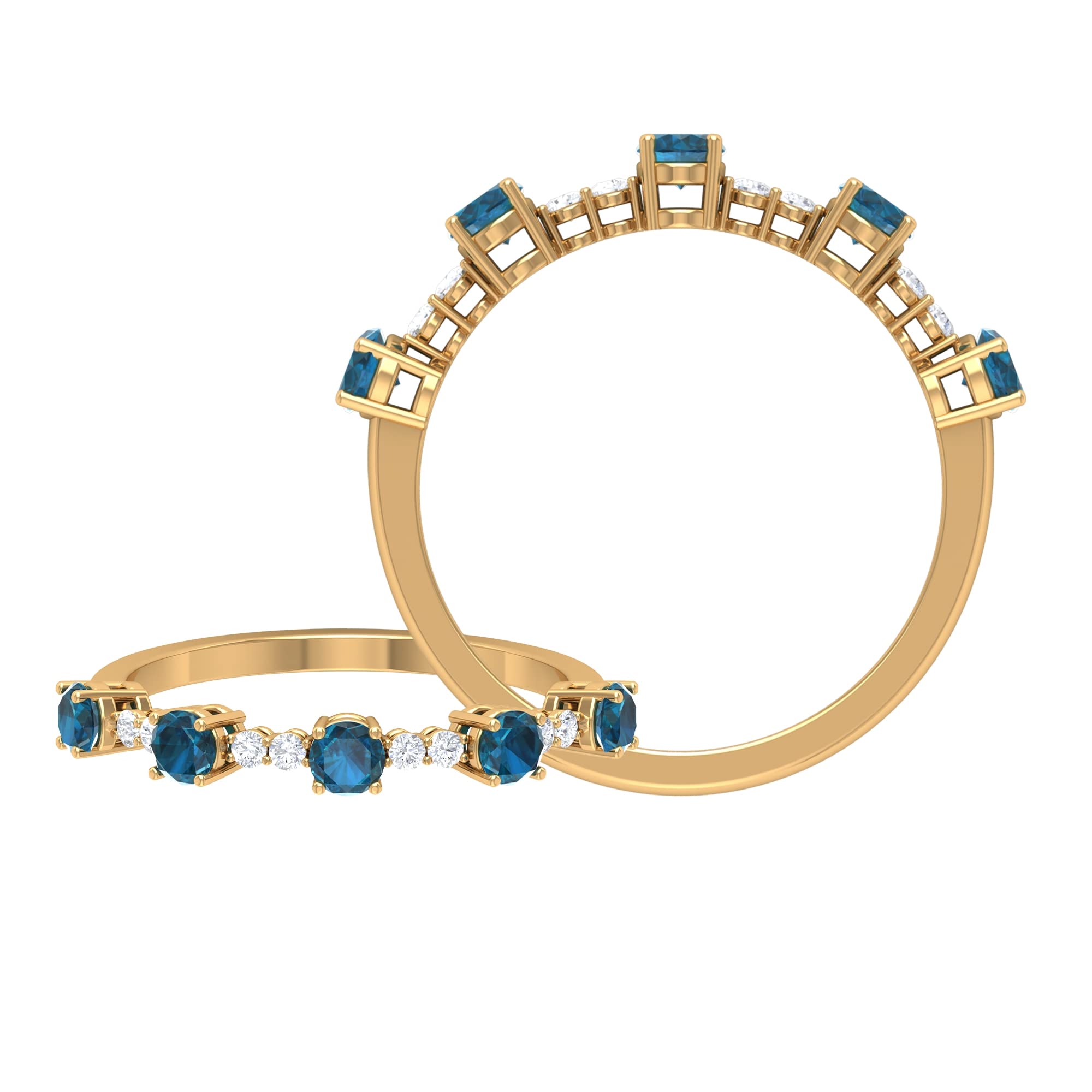 Rosec Jewels 0.75 CT London Blue Topaz & Diamond Half Eternity Ring for Women - 14K Solid Gold Wedding Band, Anniversary Gift, Engagement Ring, Promise Ring