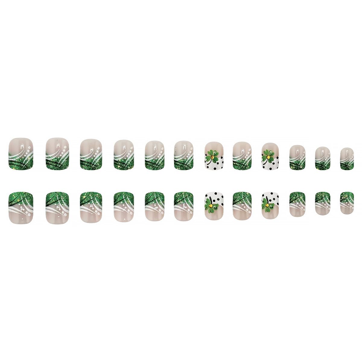24Pcs St. Patrick's Day French Tip Press On Nails - Short Square Fake Nails with Green Shamrock & Gold Rhinestones Design, Nude Glossy Full Cover Irish Stick On Nails for Women | Perfect for Parties, Festivals & Irish Themed Events