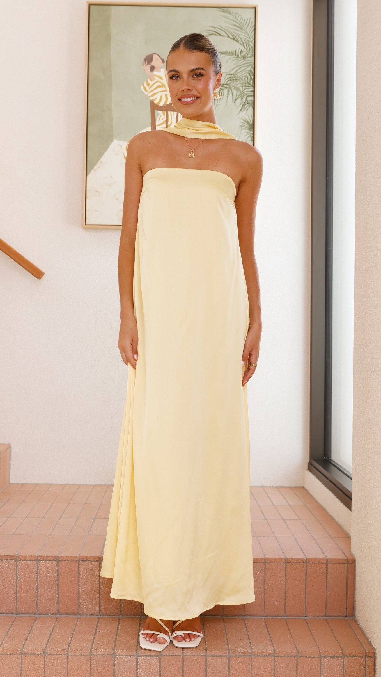 Strapless Scarf Maxi Dress in Yellow - Elegant Summer Beach Wedding Party Dress for Women