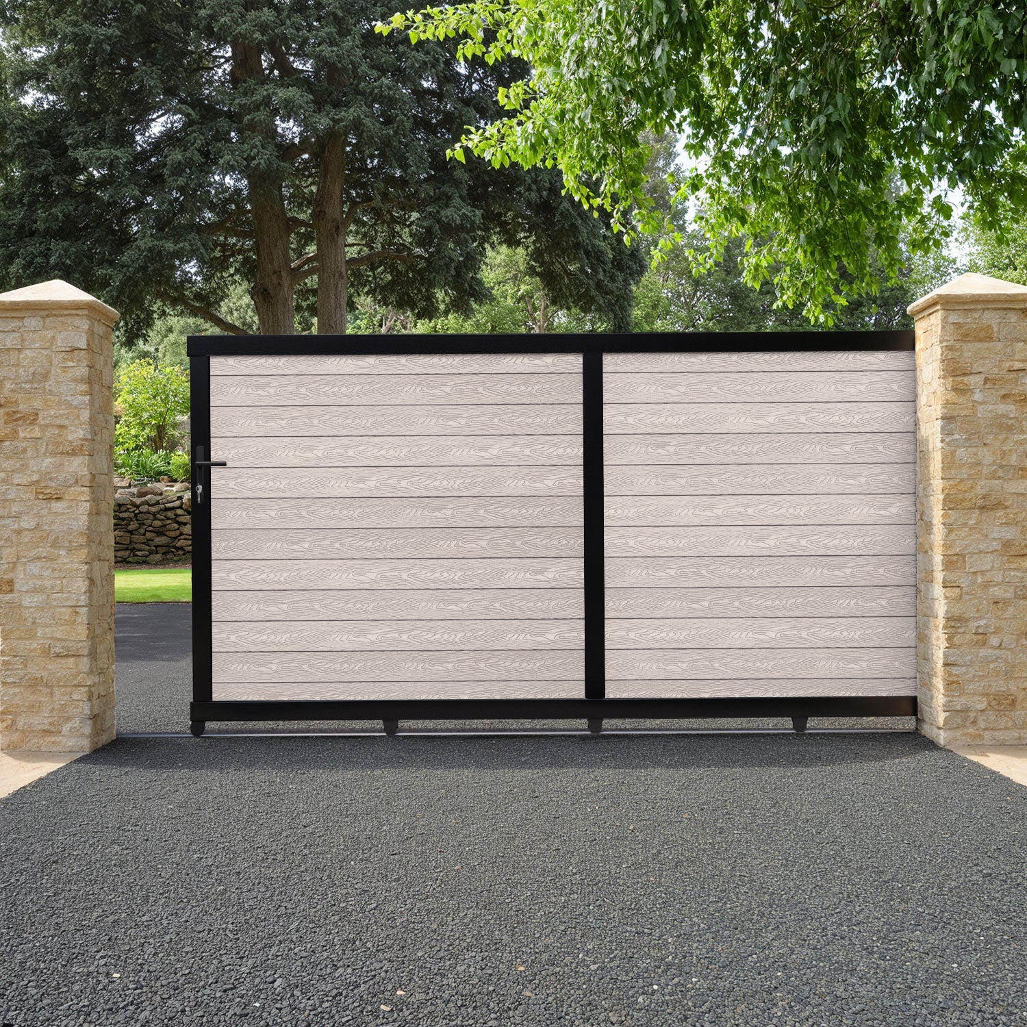 Classic Mid Stone Sliding Driveway Gate - Heavy Duty Metal Driveway Gate for Home Security & Privacy - Perfect for Residential, Farm, and Estate Entrances