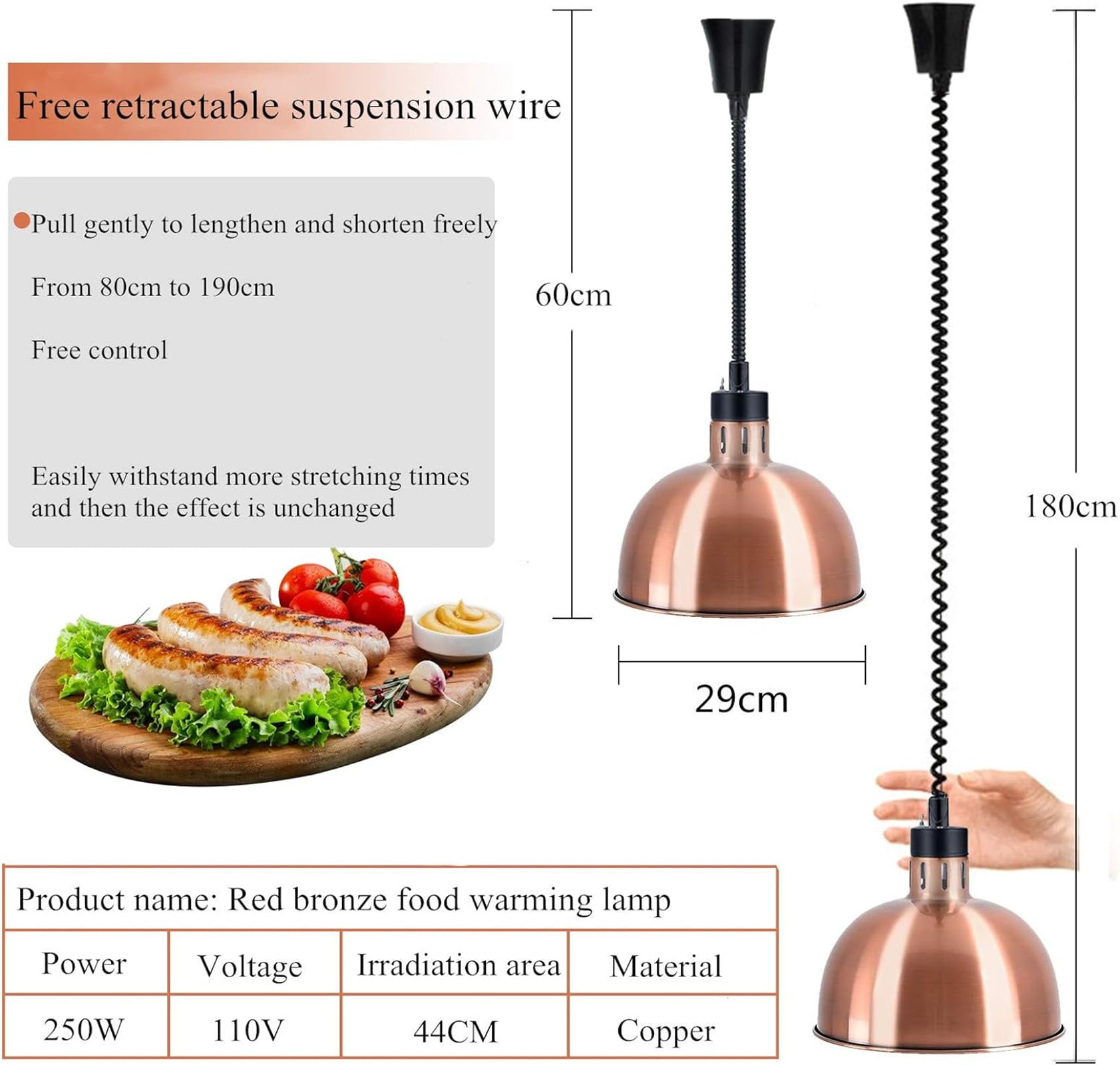 Commercial Food Warmer with Retractable Heat Lamp & 250W Bulb - Professional Catering & Restaurant Food Heating Equipment for Buffets, Cafes, and Food Service Counters