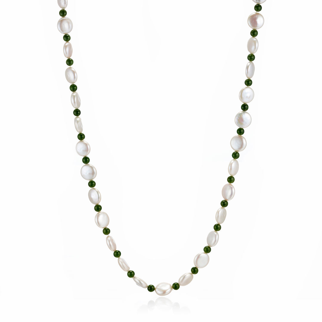 Elegant Coin Pearl & Green Nephrite Jade Rope Necklace - Handmade Jewelry for Women, Gift for Her | Perfect for Weddings, Parties & Special Occasions