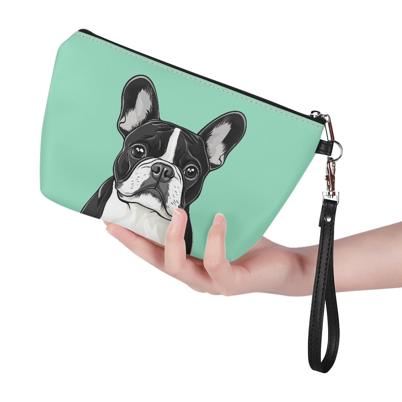Boston Terrier Makeup Bag PU Leather Cosmetic Case with Strap - Travel & Gym Essentials