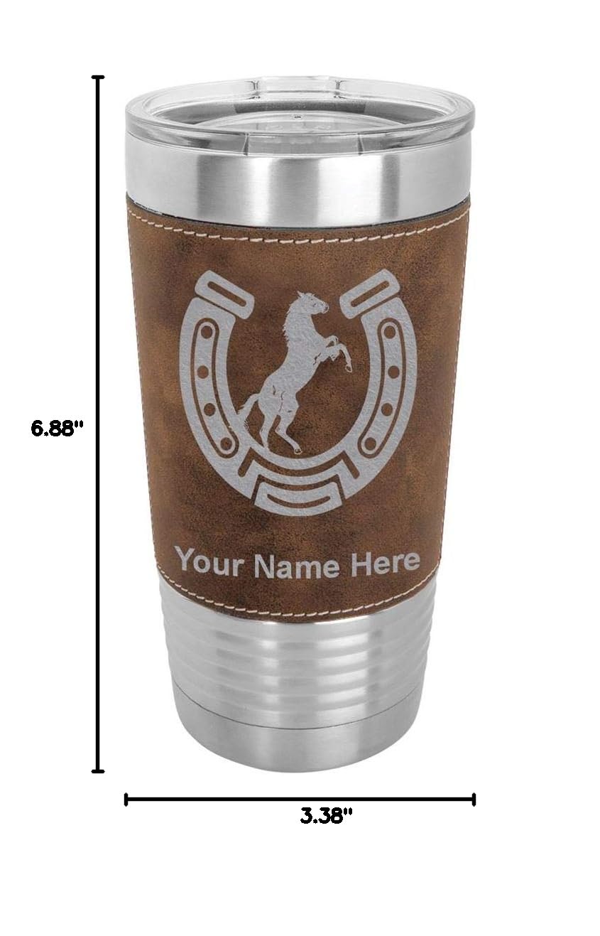 LaserGram 20oz Vacuum Insulated Stainless Steel Tumbler with Horseshoe & Horse Design - Personalized Engraved Gift for Cowboy, Equestrian & Western Lovers - Faux Leather Wrap & Rustic Finish - Perfect for Coffee, Tea & Cold Drinks at Work, Ranch or Outdoor Adventures