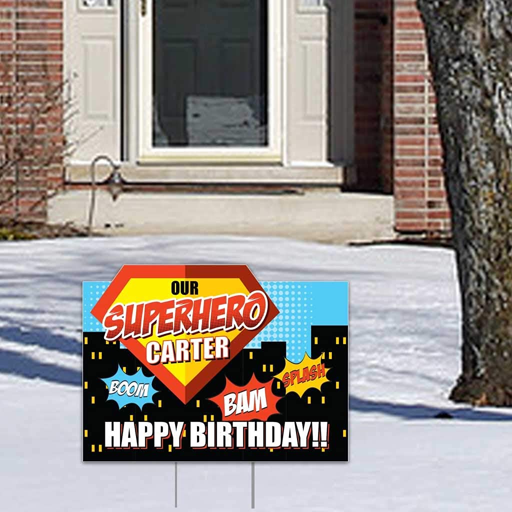 Custom Superhero Birthday Yard Sign - Personalized Superhero Party Decorations 17x22.5 Inch with 2 Stakes - Outdoor Welcome Sign for Superhero Themed Birthday Celebrations & Backyard Parties