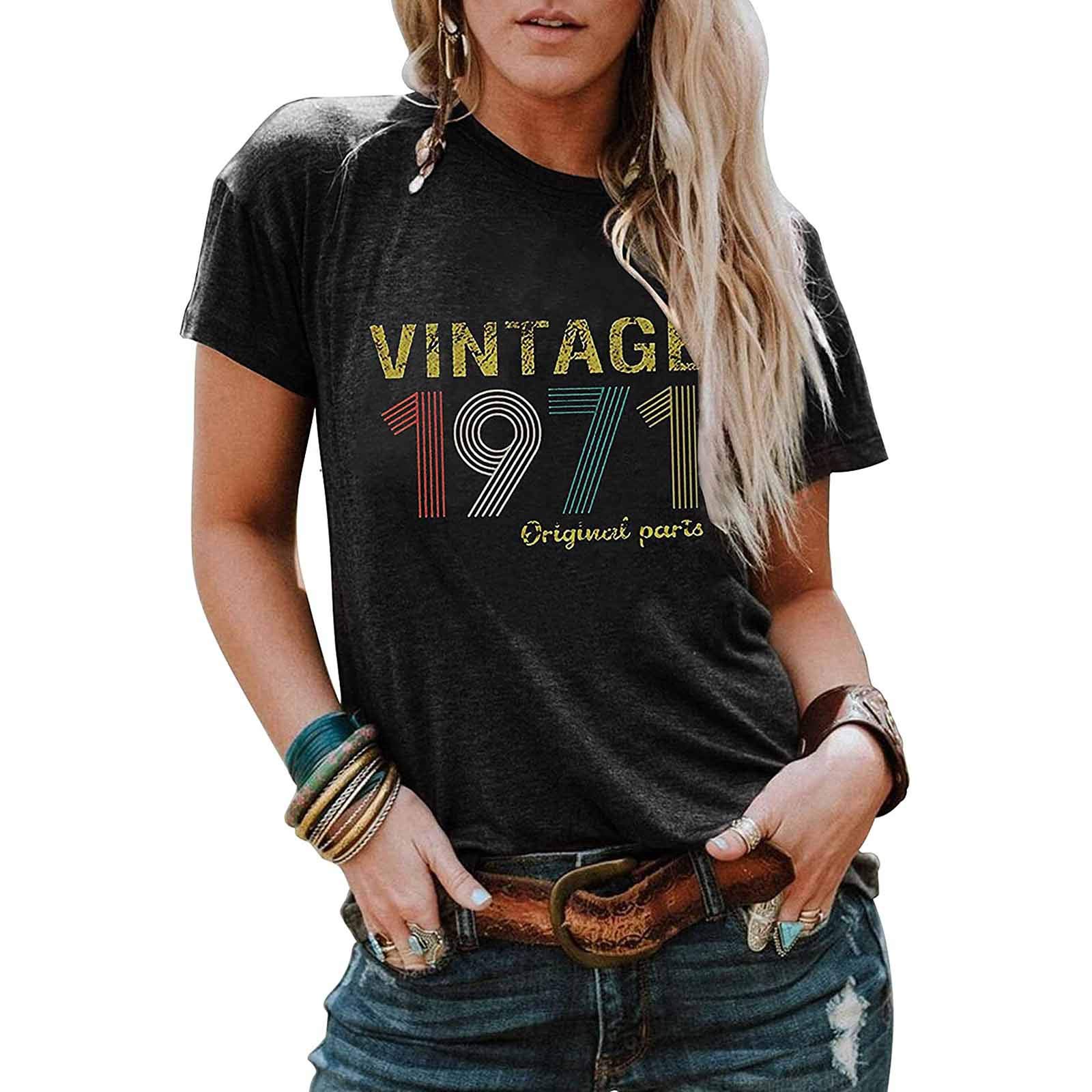 Vintage 1971 Original Parts Funny Letter Print T-Shirt - 50th Birthday Gift for Women | Cute Party Top & Casual Wear for Celebrations