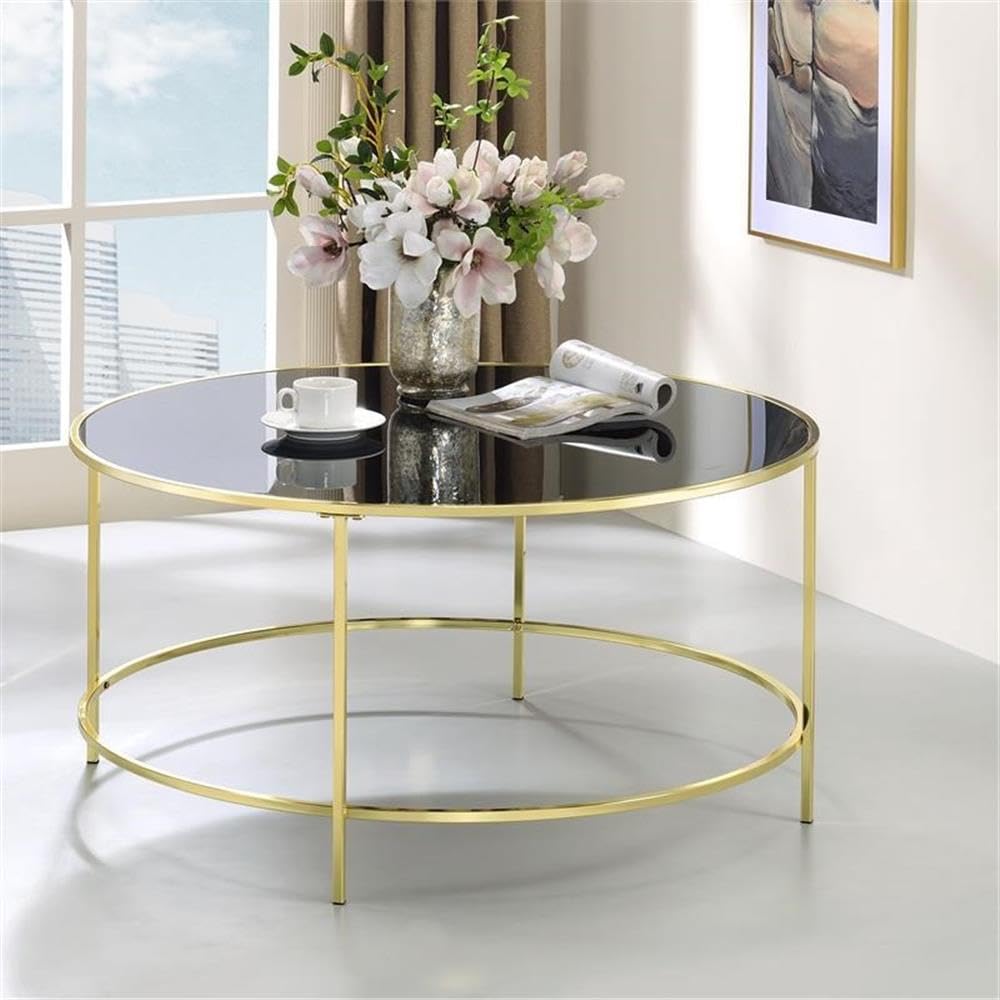 BOWERY HILL Modern Glass Top Round Coffee Table with Brass Base - Perfect for Living Room, Lounge & Office Decor