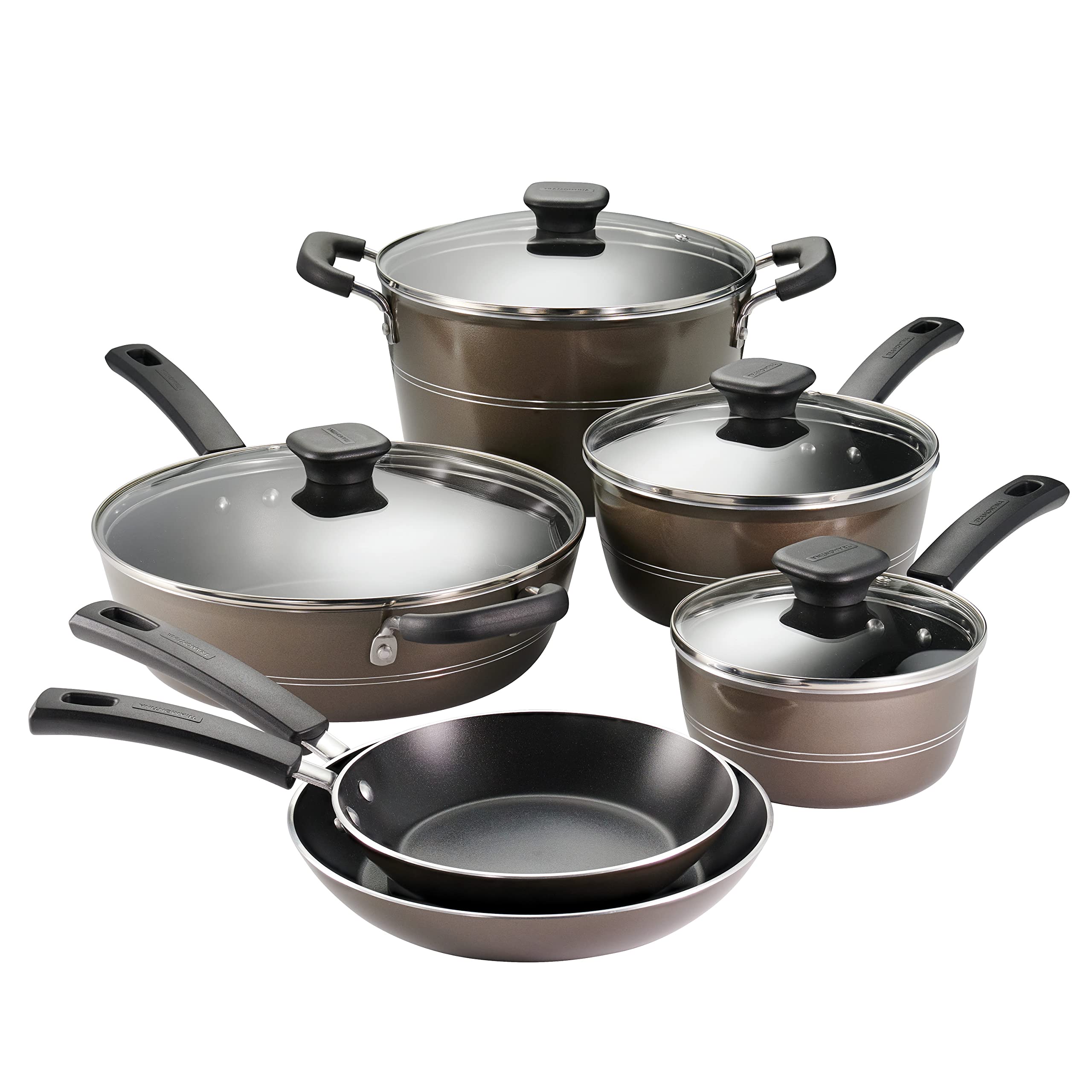 Tramontina Sicilia 10-Piece Nonstick Cookware Set with Glass Lids - Aluminum Pots and Pans Set for Kitchen (Hazelnut) - Perfect for Sauteing, Boiling & Everyday Cooking