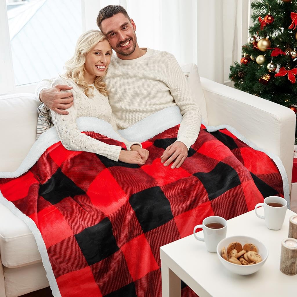 Catalonia Red Black Plaid Sherpa Blanket - Reversible Super Soft Buffalo Check Throw for Couch, Sofa & Cabin Decor - Warm Fuzzy Holiday Blanket for Snuggling, Winter Nights & Cozy Home Decor